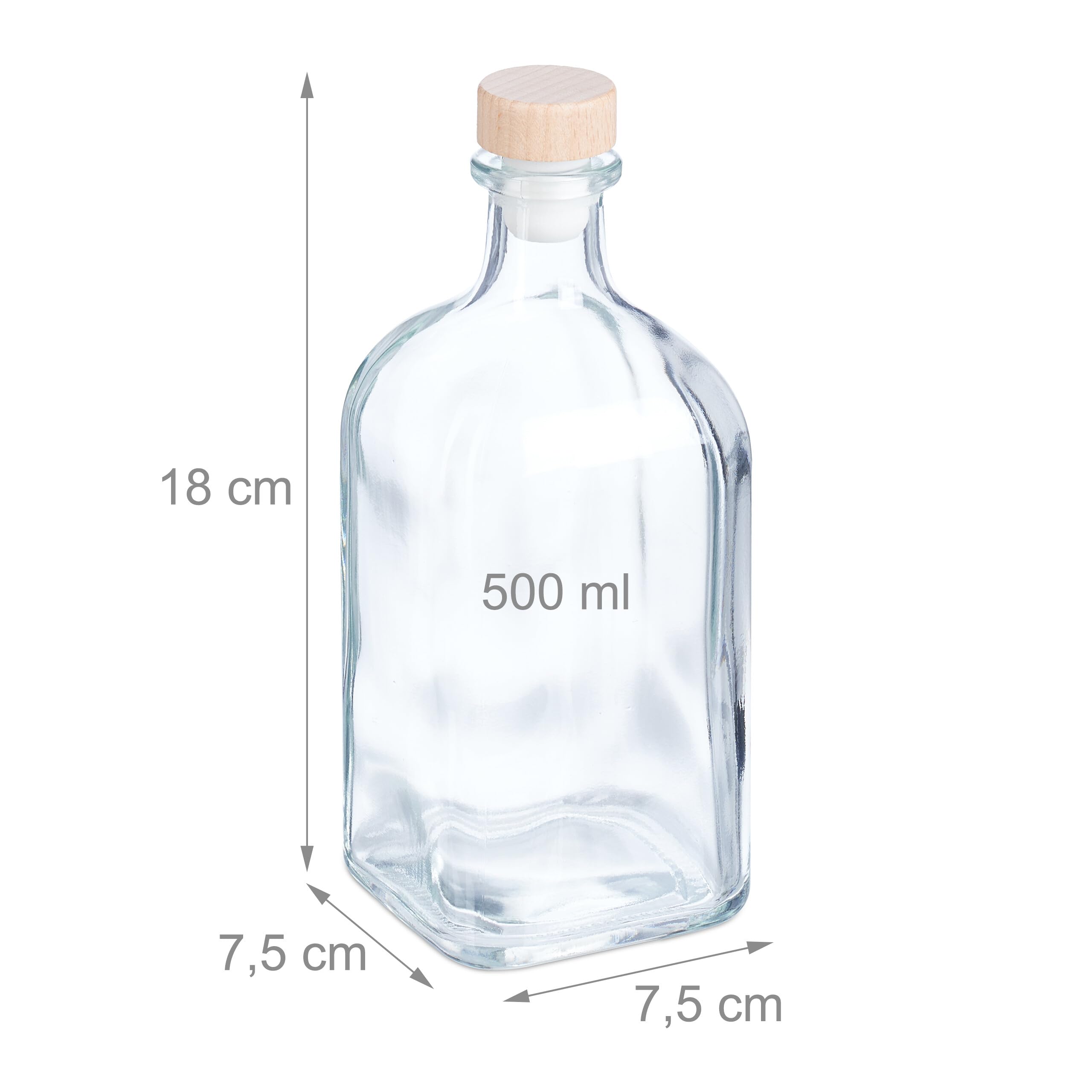 Relaxdays Szklane butelki 500 ml, do wielokrotnego napełniania, na prezent, z korkiem, na olej, ocet, sznaps, likier, przezroczyste, plastikowe