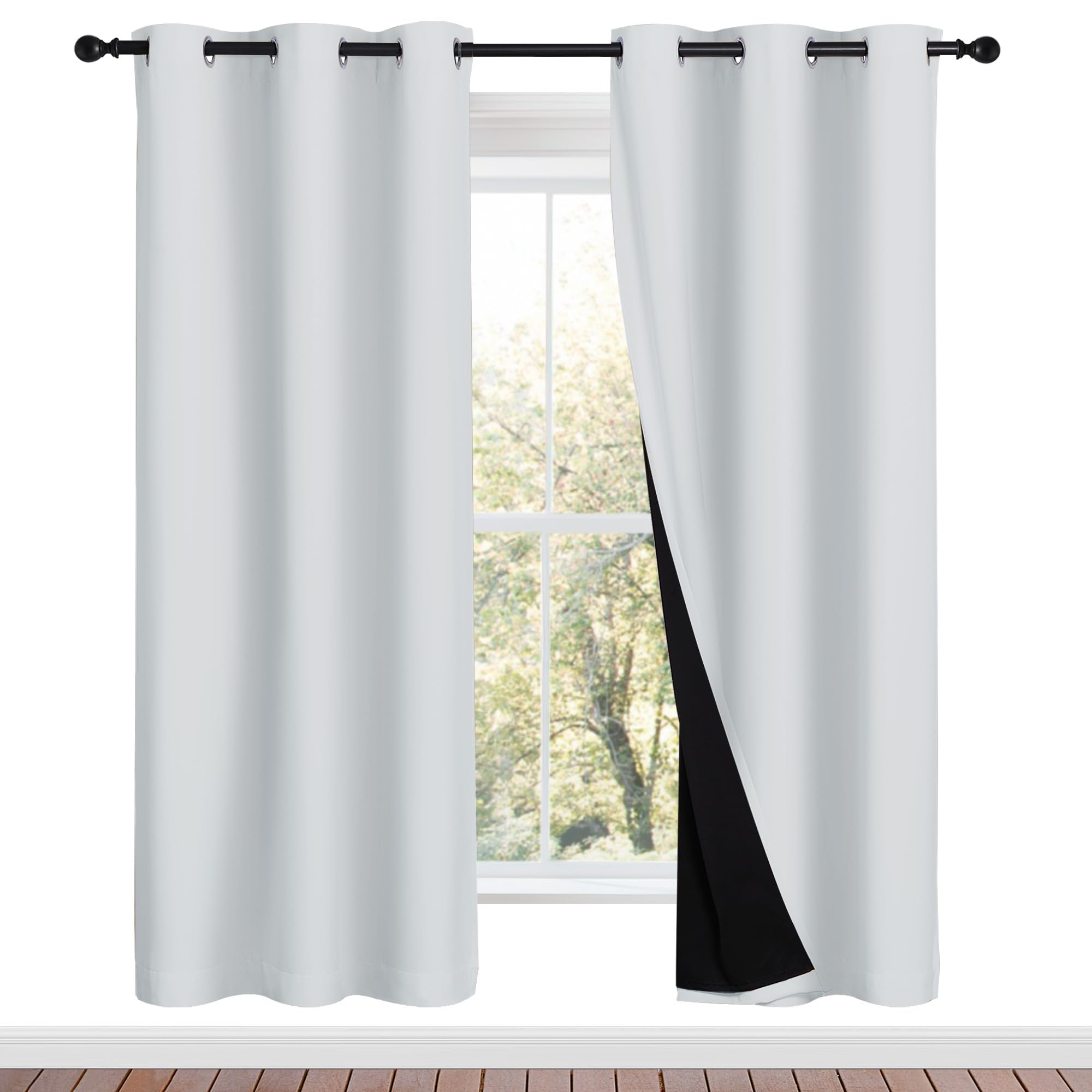 NICETOWN 100% Blackout Window Curtain Panels, Greyish White, 2 Pieces, 42-inch Wide Per Panel, Full Light Blocking Drapes with Black Liner for Nursery, 72-inch Drop Thermal Insulated Draperies