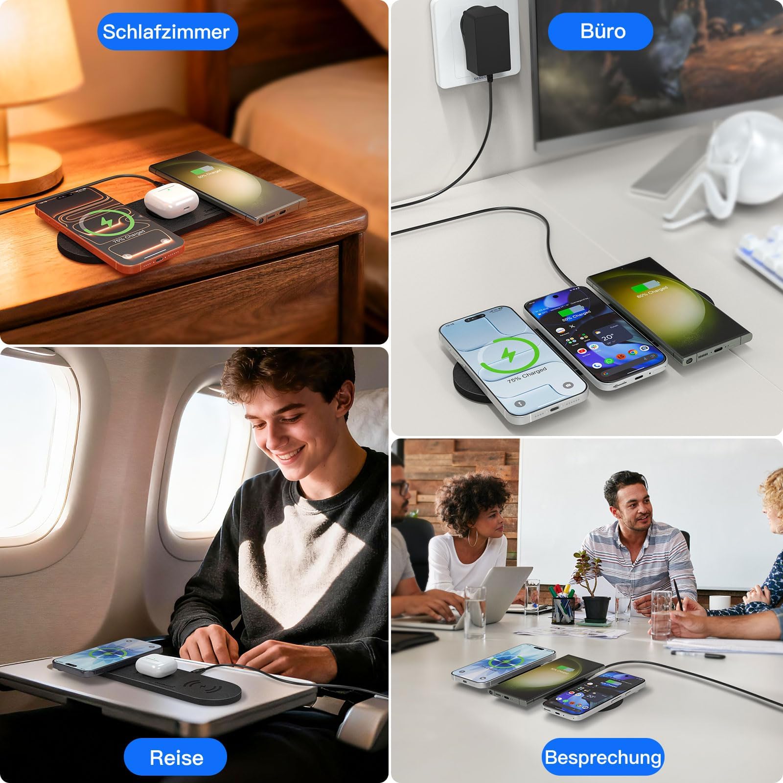 ZealSound Wireless Charger, 3-in-1 induktive Ladegerät für iPhone 17 16 15, Samsung Galaxy, AirPods & Galaxy Buds, Ultraschlankes PU-Leder-Design für Zuhause, Büro und Reisen, mit 36W EU-Stecker