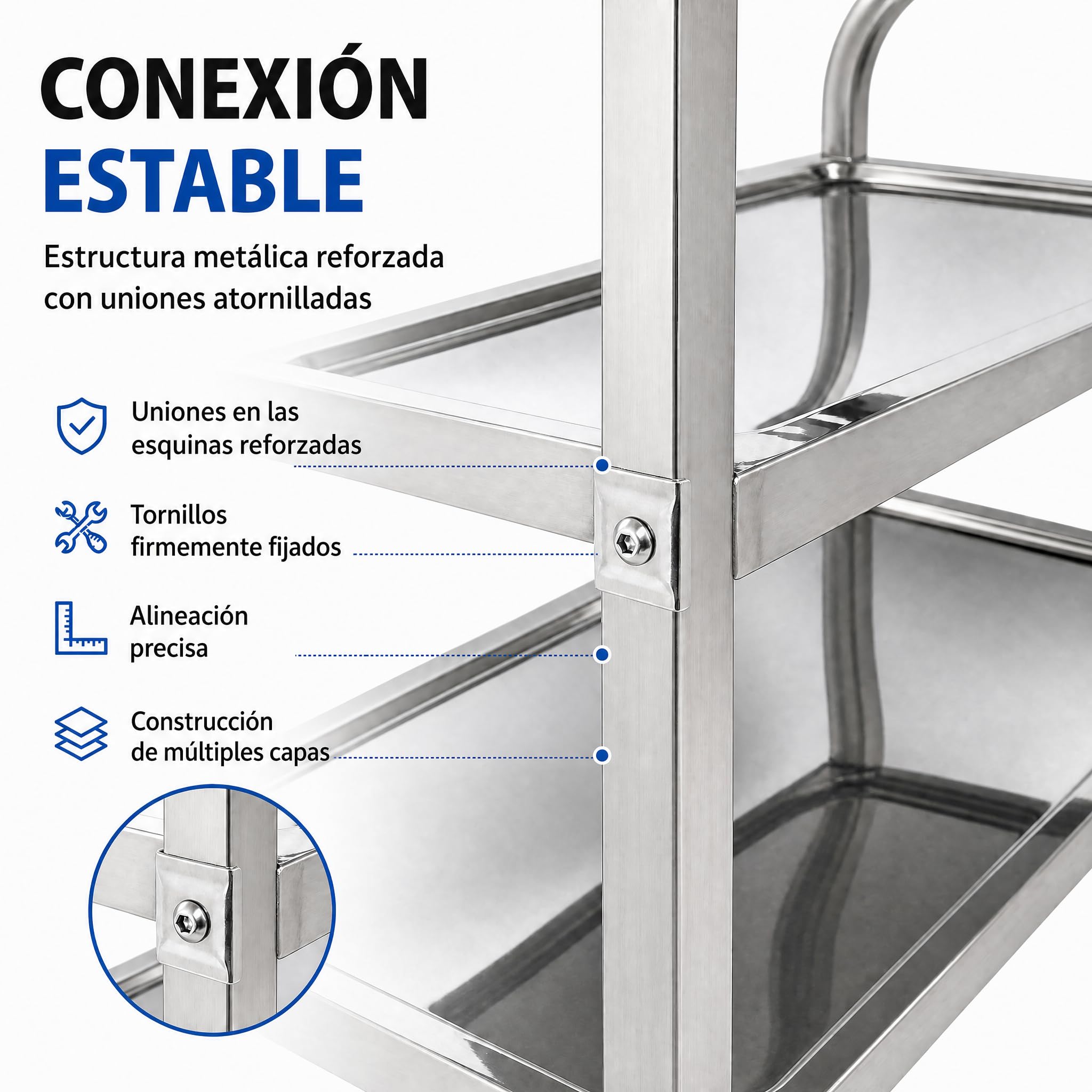 Carrito de Servicio Acero Inoxidable 3 Estantes, 4 Ruedas Giratorias (2 con Freno) (72x40x82 cm, 150 kg) – Carro de Cocina Multifuncional para Restaurante, Laboratorio, Hostelería