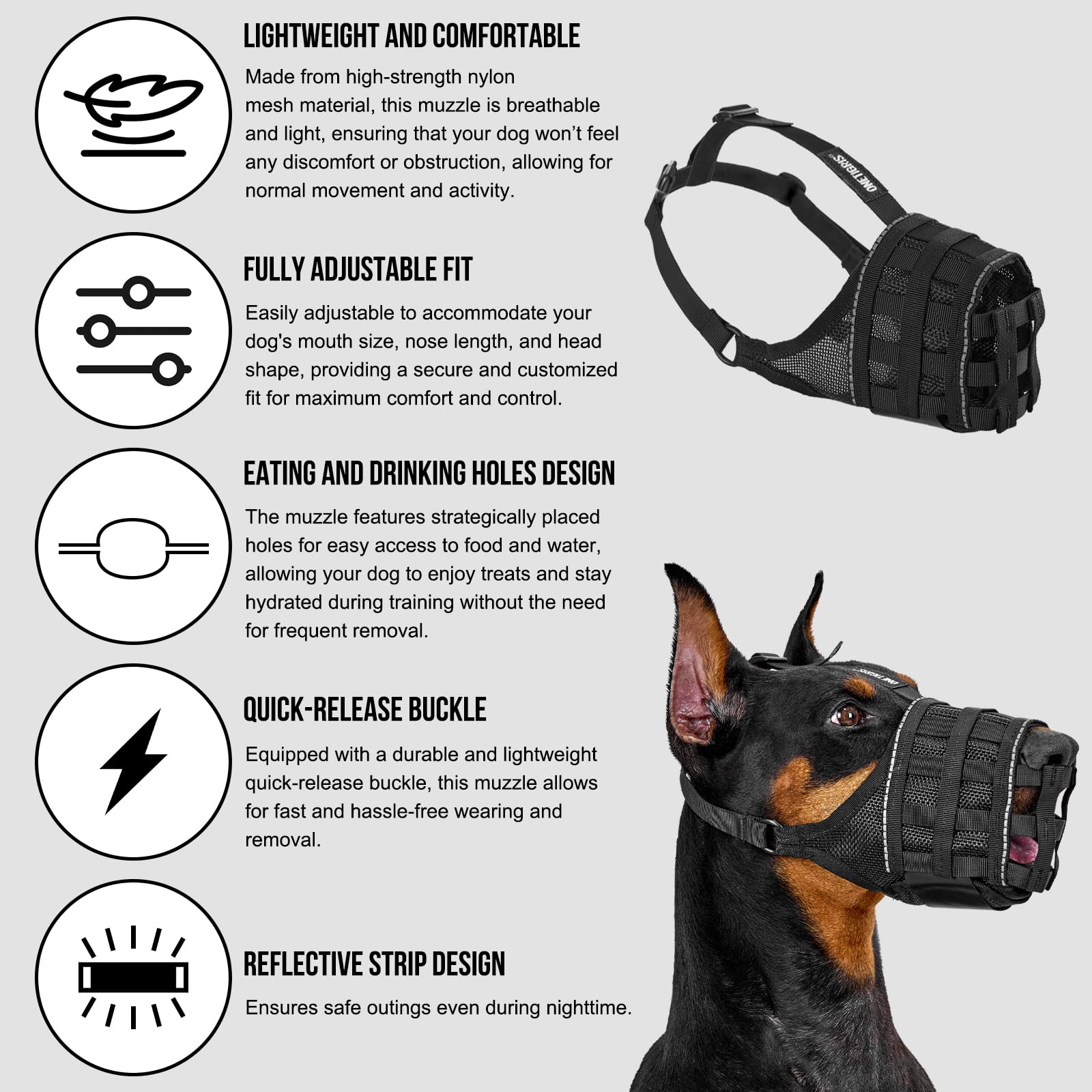 OneTigris Muselières pour Chiens, Maille Respirante Nylon, Museliere pour Chiens Ajustable avec Sangles Velcro, Respectueuse du Chien Qui Peut Haleter Et Boire, Museliere Anti Aboiement, XL