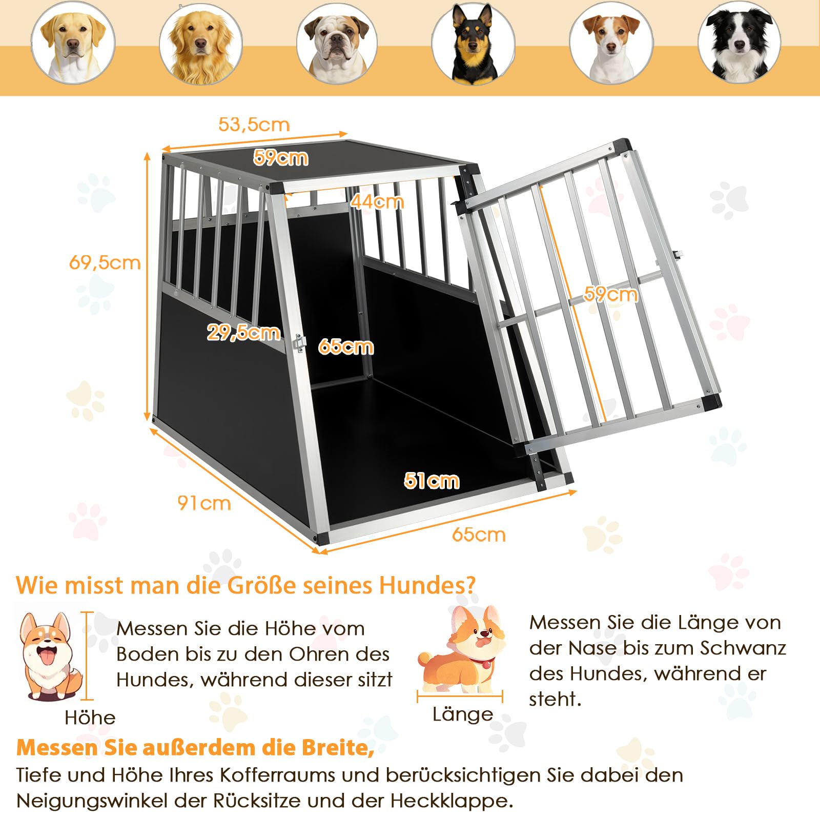GYMAX Transportín de Aluminio para Perros Gatos, Transporte para Coche Mascotas con Cerradura, Estructura de Metal, Caja de Transporte Robusto y Fácil (91 x 65 x 69,5 cm)