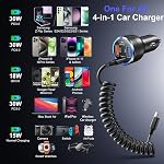 USB C Car Charger, 65W 4-Fast Port Dual 12V USB-C & USB-A Car Phone Charger PD&QC3.0 Super Fast Car Cigarette Lighter Adapter for iPhone 17 16 15 Pro Max Plus iPad Air, Samsung S24+5ft Type C Cable