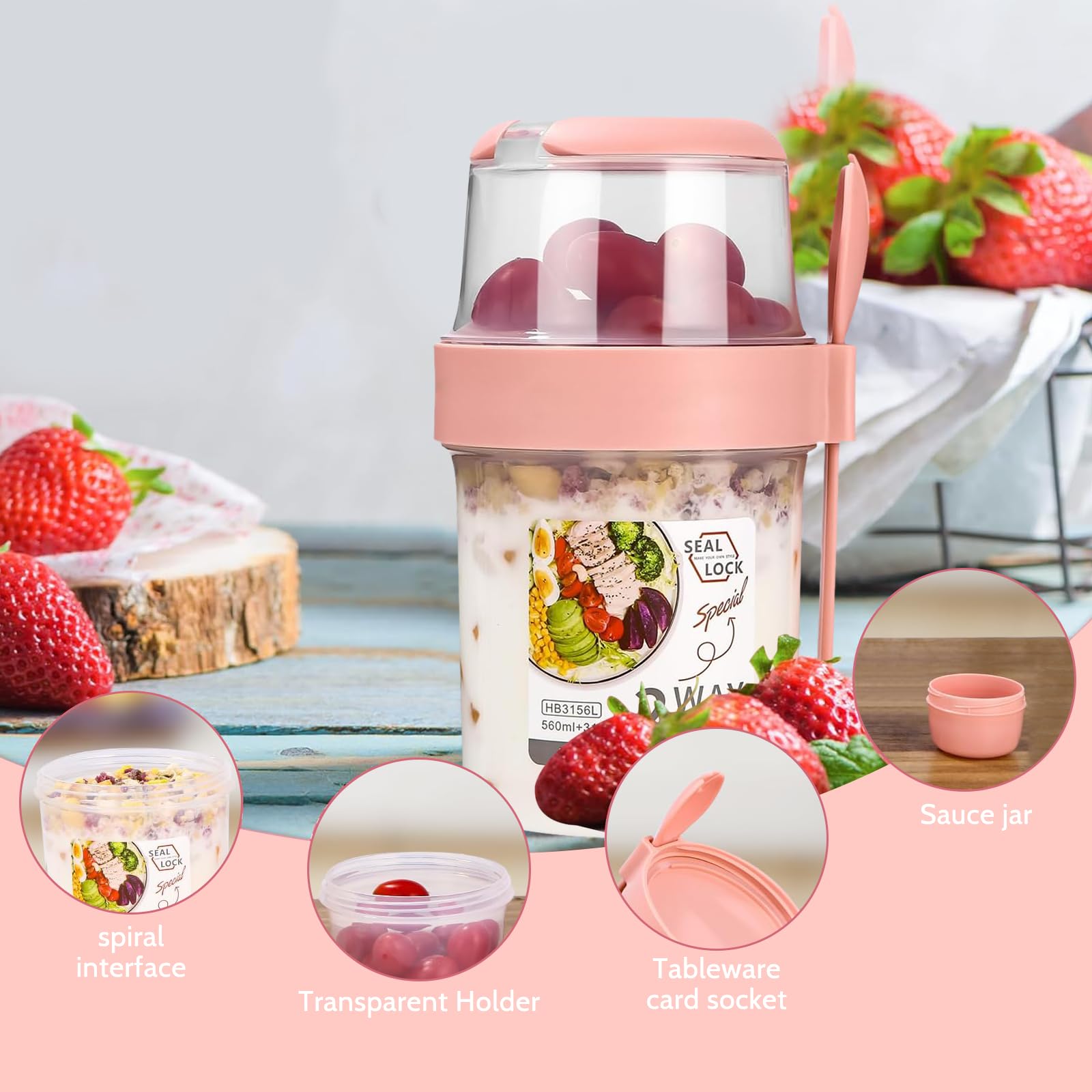 2 kubek do musli, 560 ml + 310 ml, kubki na jogurt na wynos, dwuwarstwowe, szczelne