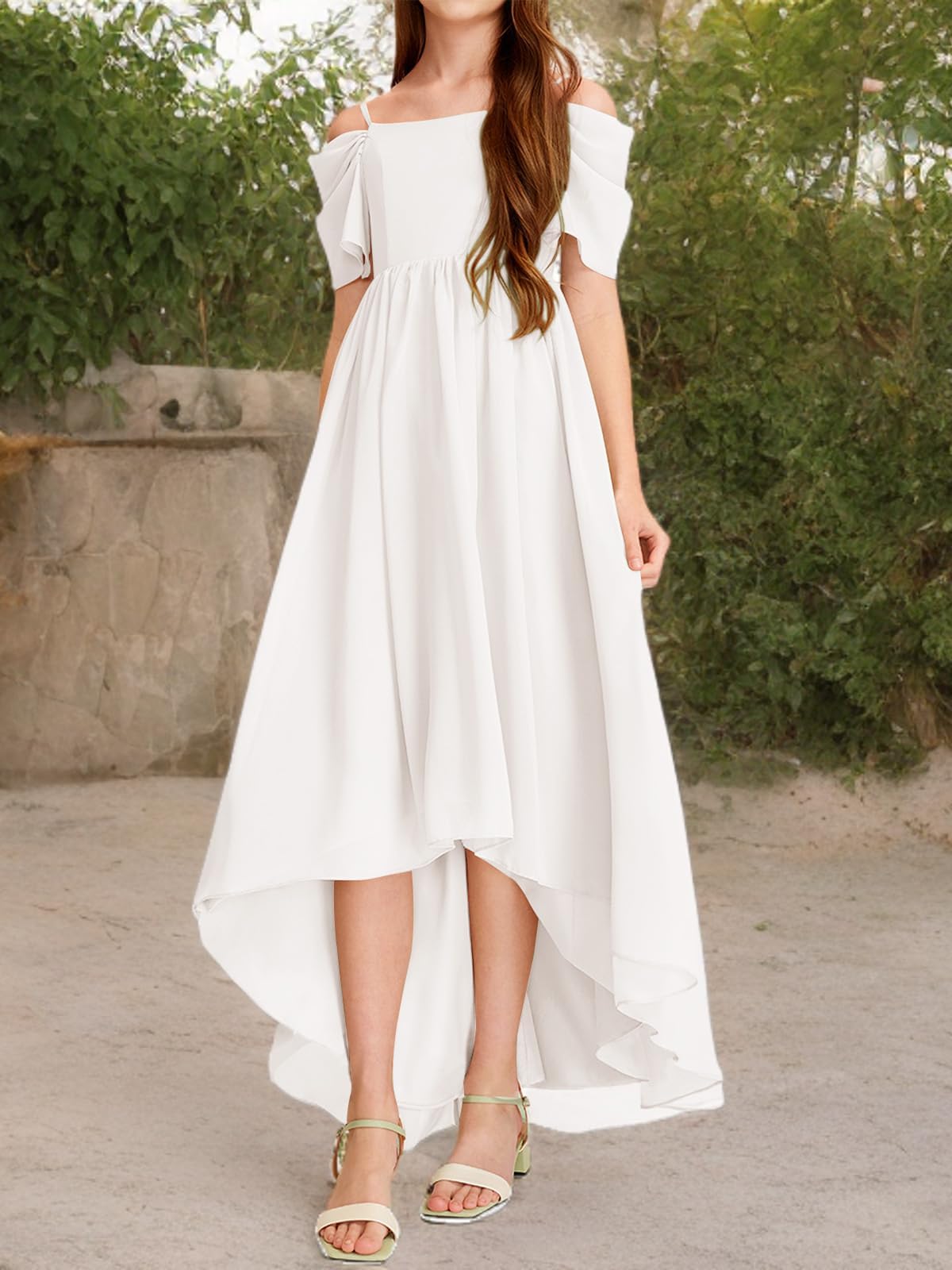 Haloumoning Robe asymétrique en mousseline de soie à épaules dénudées pour fille - Pour demoiselle d'honneur, fête d'anniversaire