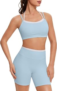OMKAGI Workout Sets for Women Cute Doubel Layer Open Back Sports Bras Gym Shorts