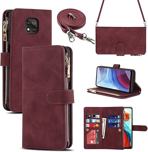 iCoverCase Funda tipo cartera para Motorola Moto G Power 2021 con soporte para tarjetas, función atril, funda de piel sintética con cordón ajustable