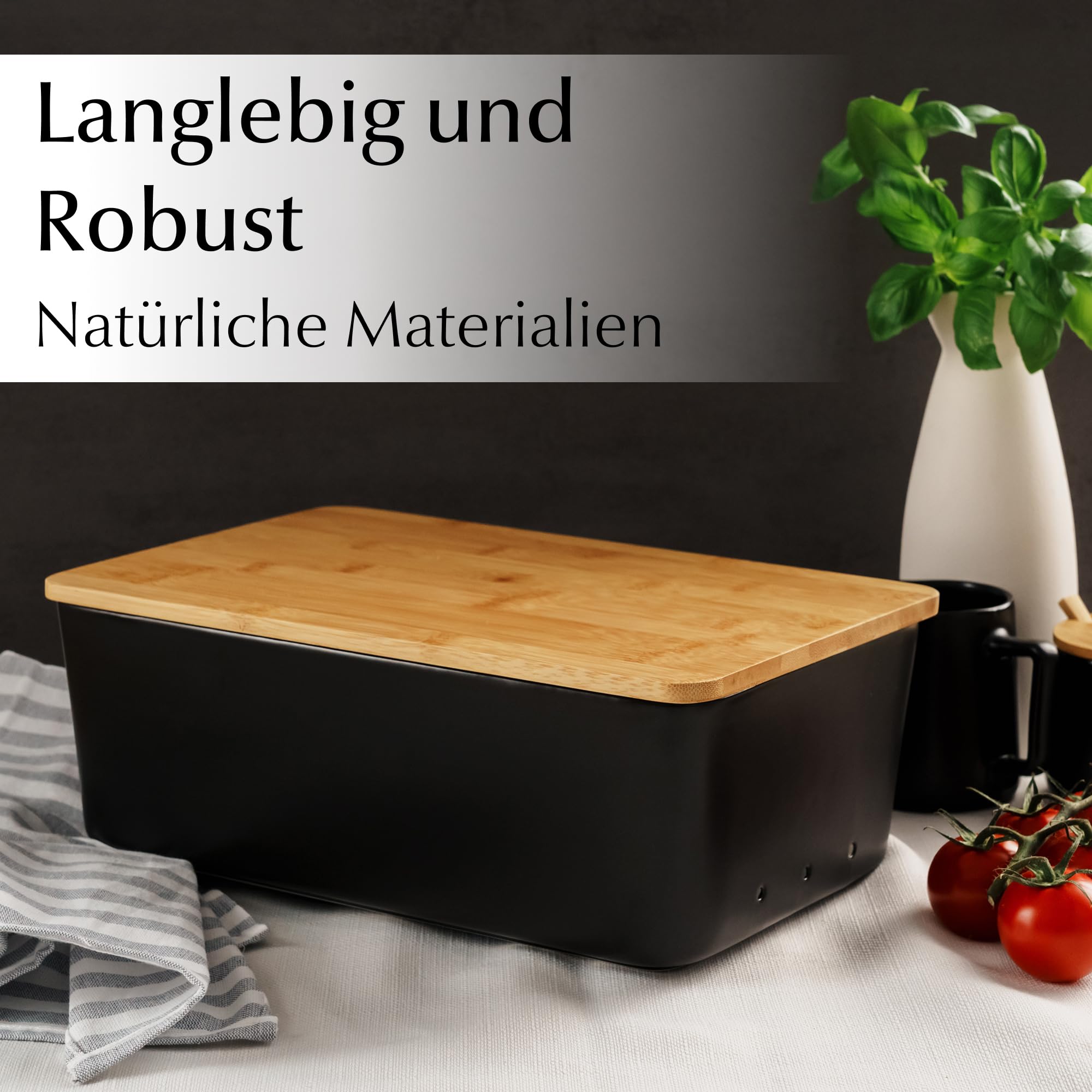 MIAMIO - Brotbox/Brotaufbewahrung/Brotkasten Keramik mit Deckel (Schwarz) | Brot Kasten mit Bambus-Deckel & Schneidebrett, Keramik Brotkasten / Brotdose, Moderne Brotaufbewahrung mit Stofftasche