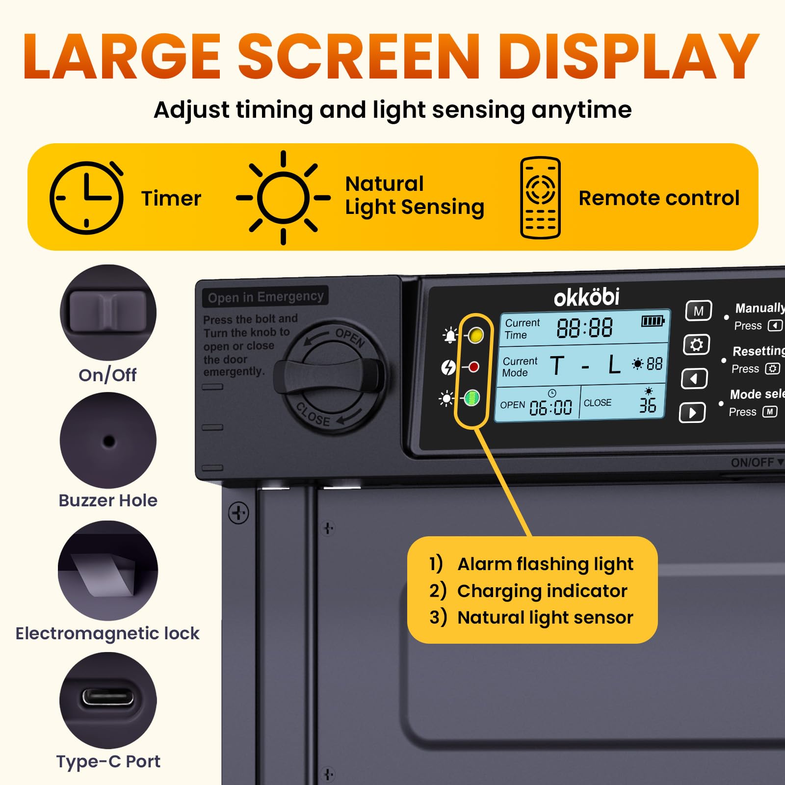 Okköbi Automatic Chicken Coop Door PRO - Light Sensor & Timer - Anti-Pinch Function - Wide Opening - New Model - Solar Powered with LCD Display & Remote Control - 5 Year Protection — view 4