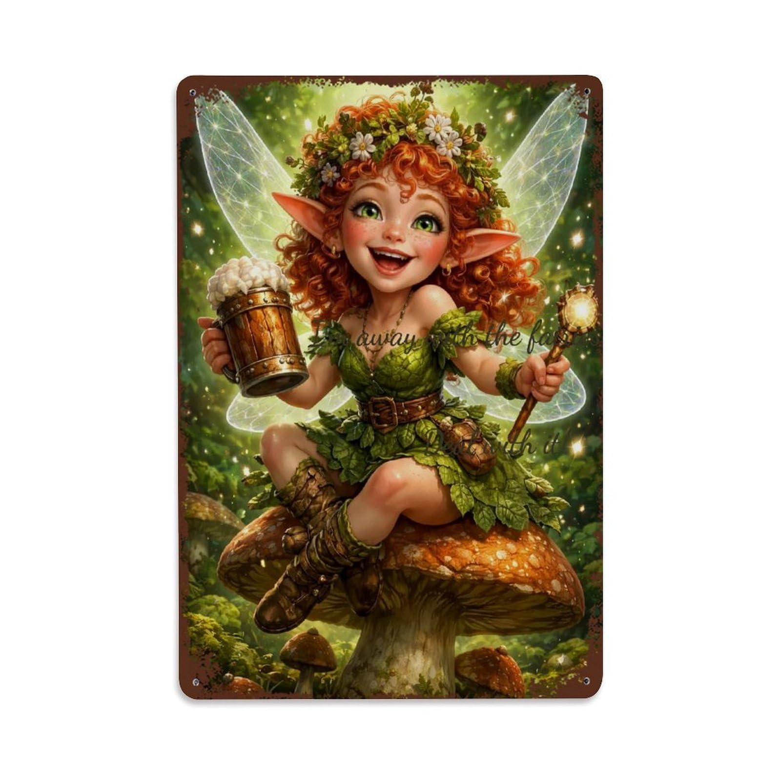Forest Fairy Drinking Beer Away with The Fairies Art Print Vintage Aluminium Metal Sign, Retro Wall Decor for Home, Bar, Garage & Farmhouse 30x20cm