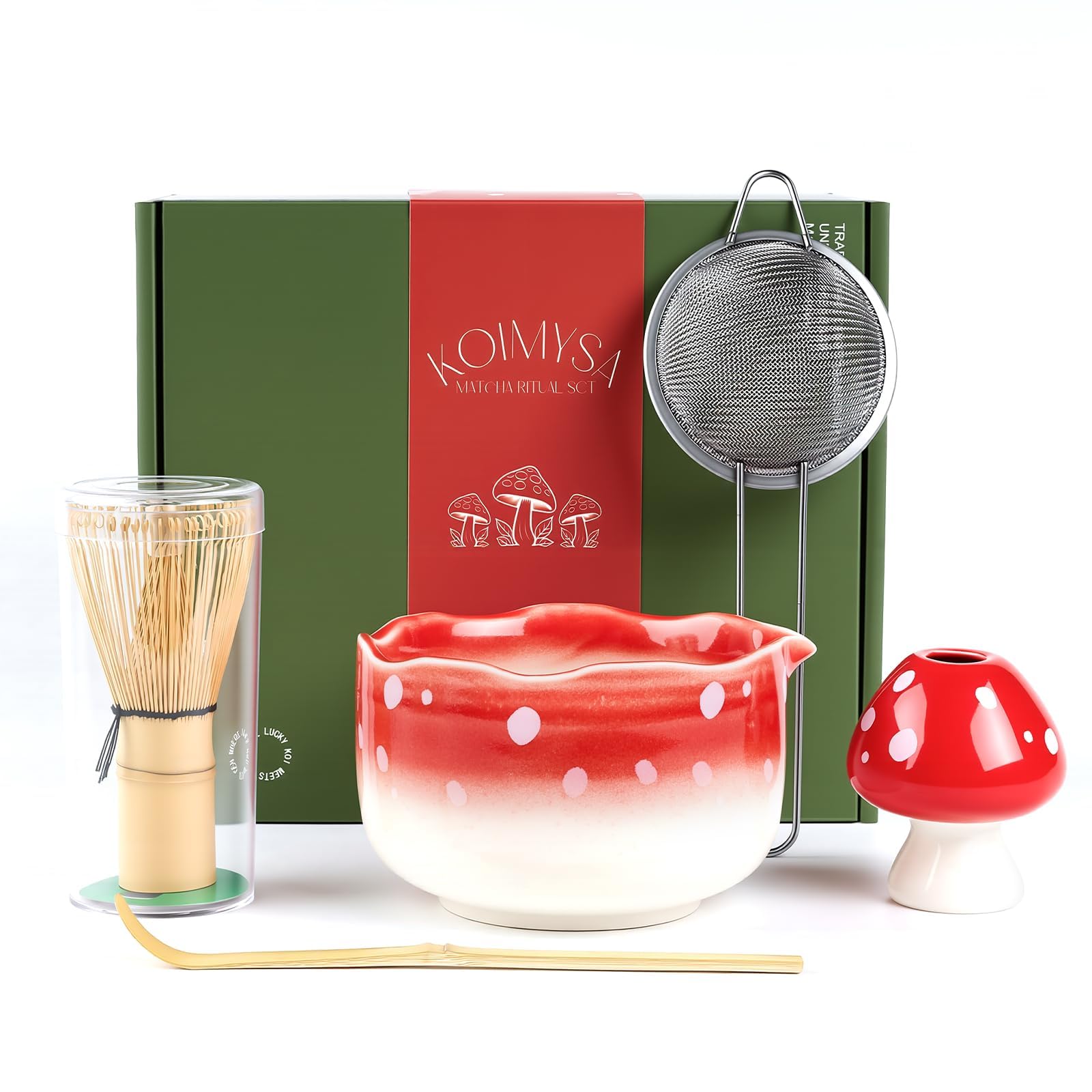 Photo 1 of **MISSING SMALL MUSHROOM**KOIMYSA Cute Matcha Set With Mushroom Design Bowl And Whisk Holder, Unique Japanese Matcha Kit Gifts For Women Girls Friends Tea Lovers, Red