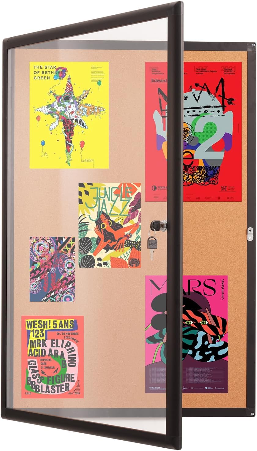 36x24 Inch Lockable Enclosed Bulletin Board,Tamper-Proof Noticeboard with Locking Doors, Wall-Mounted Black Aluminum Frame & Cork Presentation Board