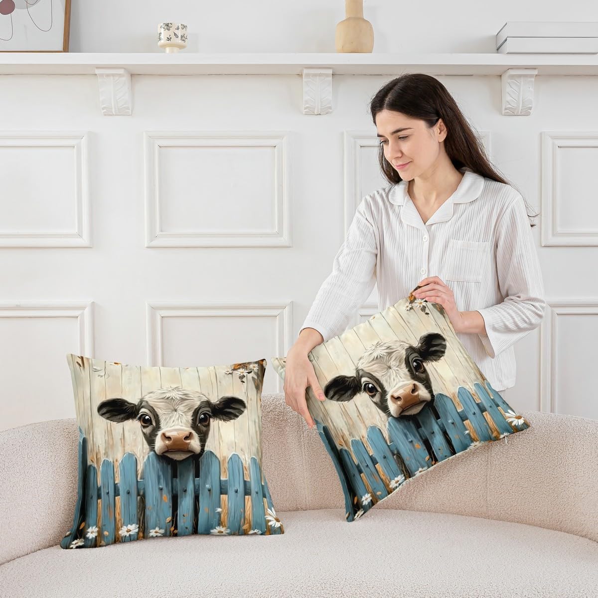 Erosebridal Milk Cow Throw Pillow Cover Rustic Farmhouse Barn Pillow Cover Daisy Flower Floral Decor Rural Country Farm Animal Cushion Case,24x24 Inch