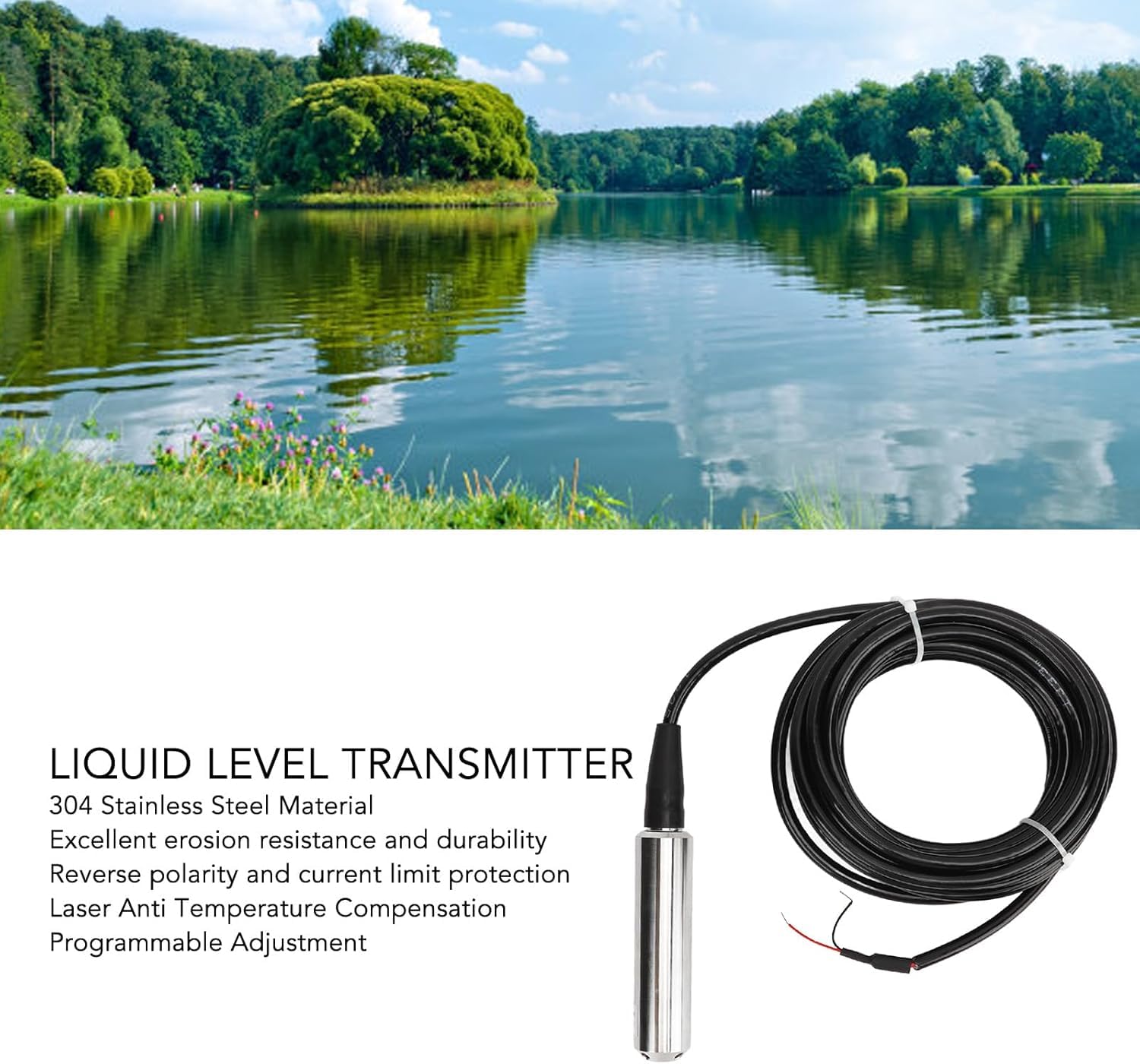 Sensor de detección líquido, nivel agua, IP68 Salida 4-20MA fluido 24 V CC Acero inoxidable 304 programable con cable 5 m for conexión alimentación(0 4 m Range)