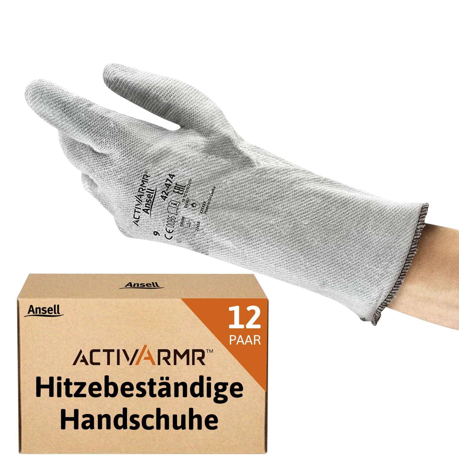 Ansell ActivArmr 42-474, Hitzeschutz Handschuh, Industrielle hitzebeständige Handschuhe, Arbeitshandschuhe mit Filz -Futter und Stulpen, Professionelle Schutz-Handschuhe, 12 Paar, Gr. L