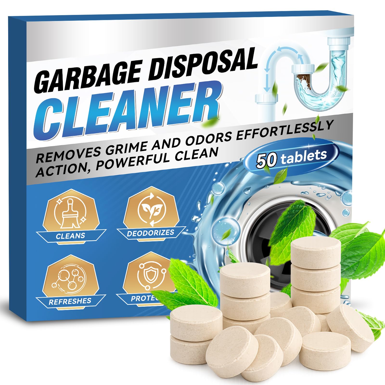 Pastiglie Cattivi Odori Scarichi, 50 Compresse Pulizia Scarichi e Lavandino Eliminano Cattivi Odori, Deodorante Scari-chi ad Azione Rapida per Cucina, Bagno e WC, Scorta per 1 Anno