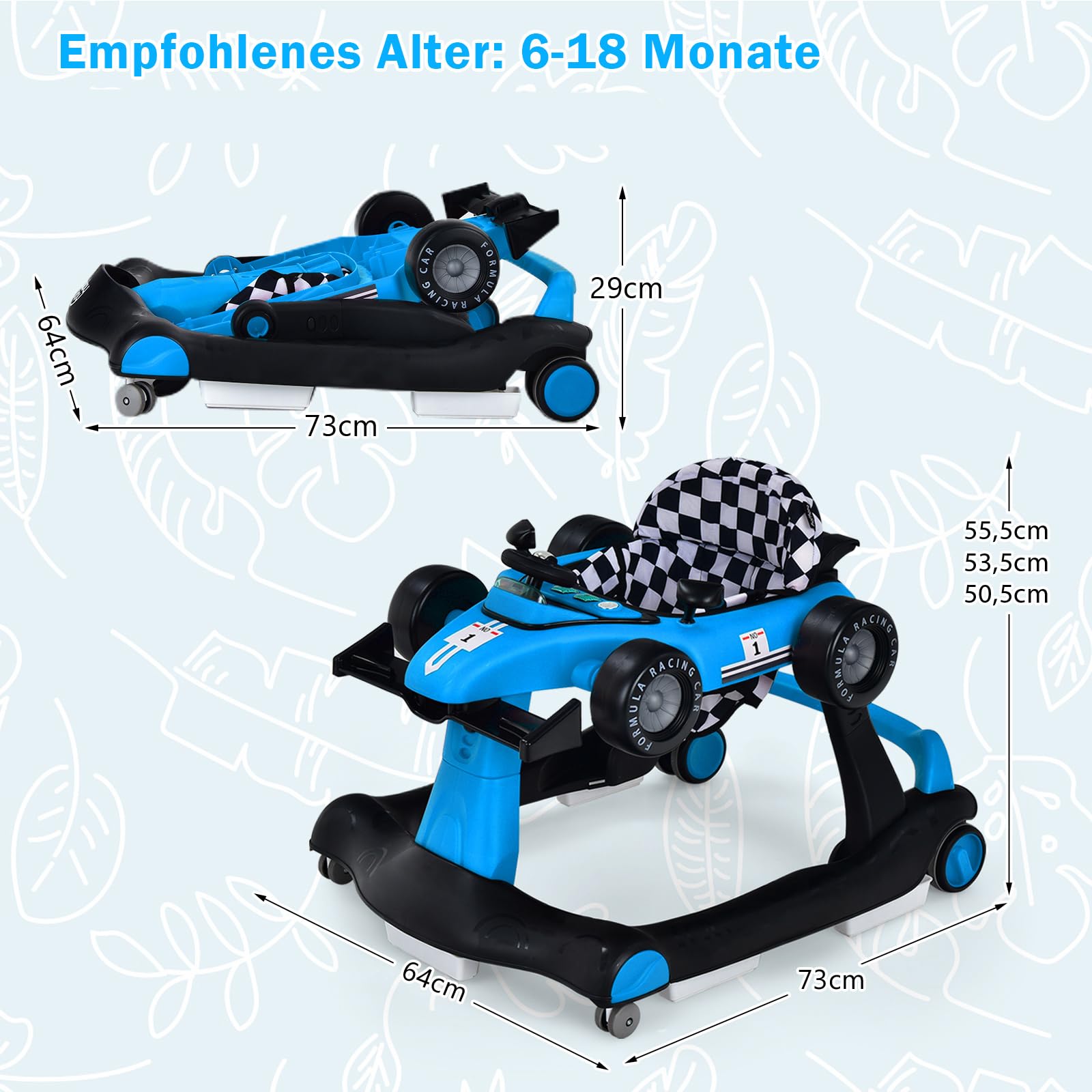 COSTWAY 4 in 1 Lauflernhilfe, Lauflernwagen klappbar mit einstellbarer Höhe & Geschwindigkeit, Baby Walker Autoförmig mit Musikbox, Licht & Rädern, Gehfrei Baby ab 6 Monaten, 12kg Belastbar (Blau)
