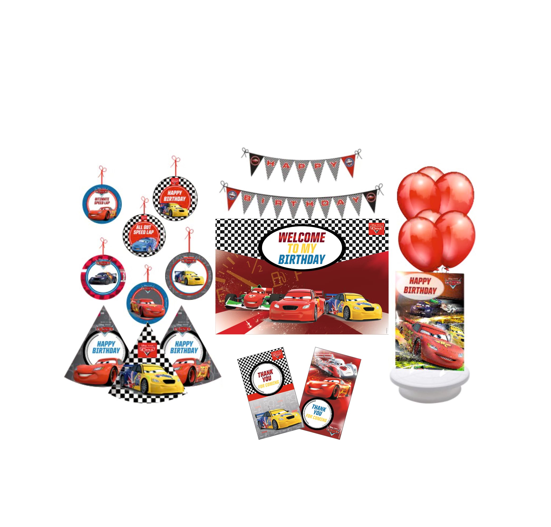 PRETTY UR PARTY Disney Cars Party decorations Kit - 80 pcs include Banners, balloons, thank you, centerpiece, danglers, Caps, Disney Party Supplies, Mcqueen Birthday Decor, DIY Décor for Kids