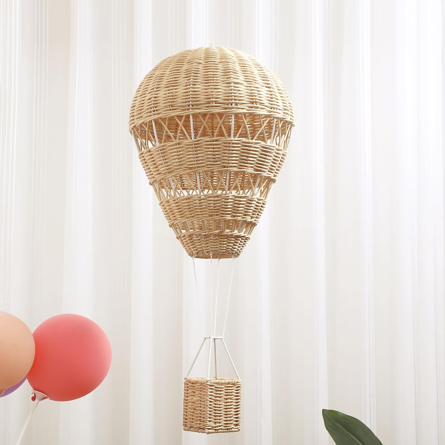 Handcrafted Rattan-Woven Hot Air Balloon Pendant, Real Rattan Decorative Hanging Ornament for Nursery and ’ Room Photo Prop, Wall-Mounted Home Décor Accent