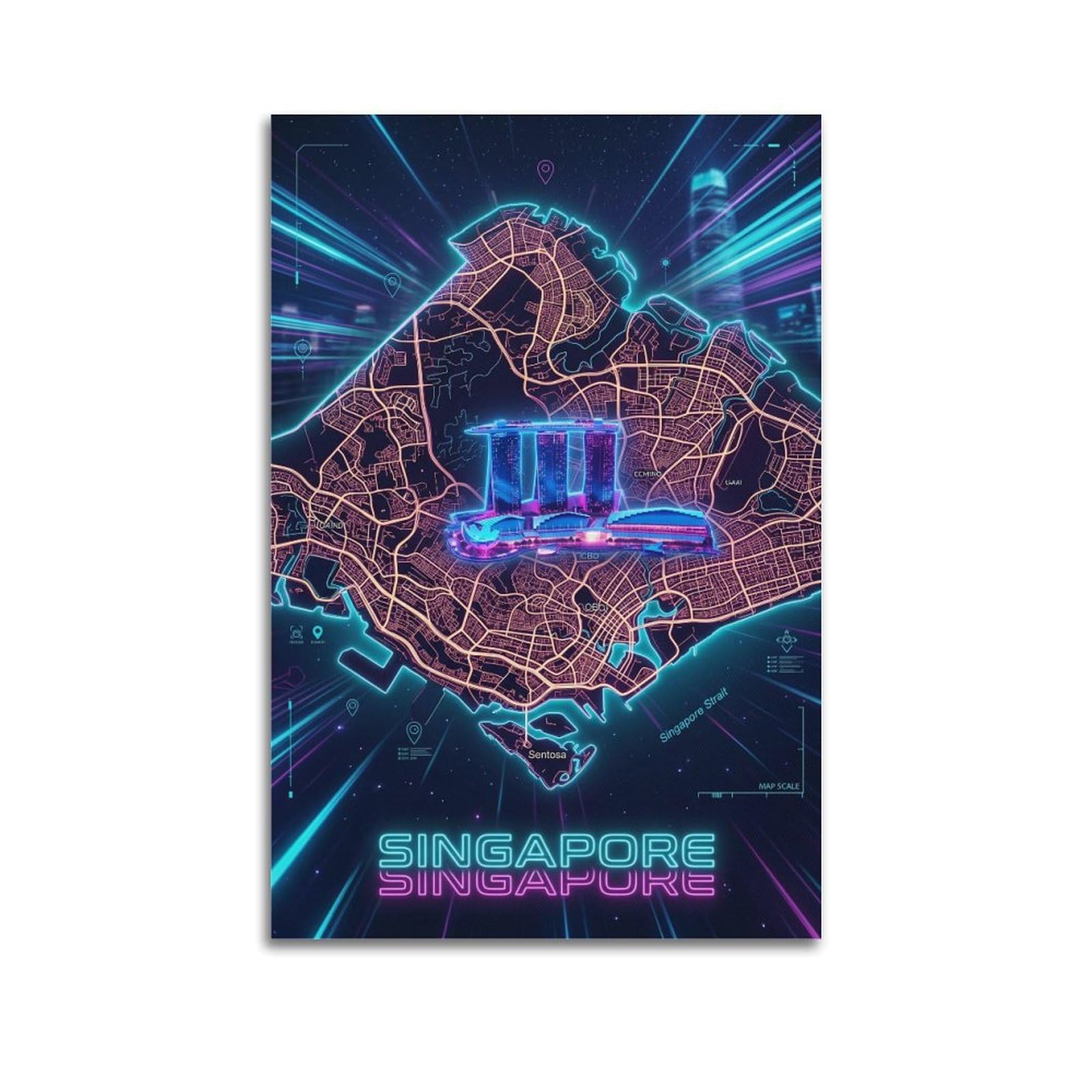XKUGA Cyber Neon Singapore City Map Poster Modern Decorative Canvas Prints - Ideal Wall Art for Family, Man Cave, Game Room, Boys & Girls Bedroom 20x30inch(50x75cm)
