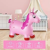 Vista 4 de INPANY Tolva de unicornio rosa, tolva de caballo, juguete inflable inflable para niños, niños y niñas, niños pequeños (bomba incluida)