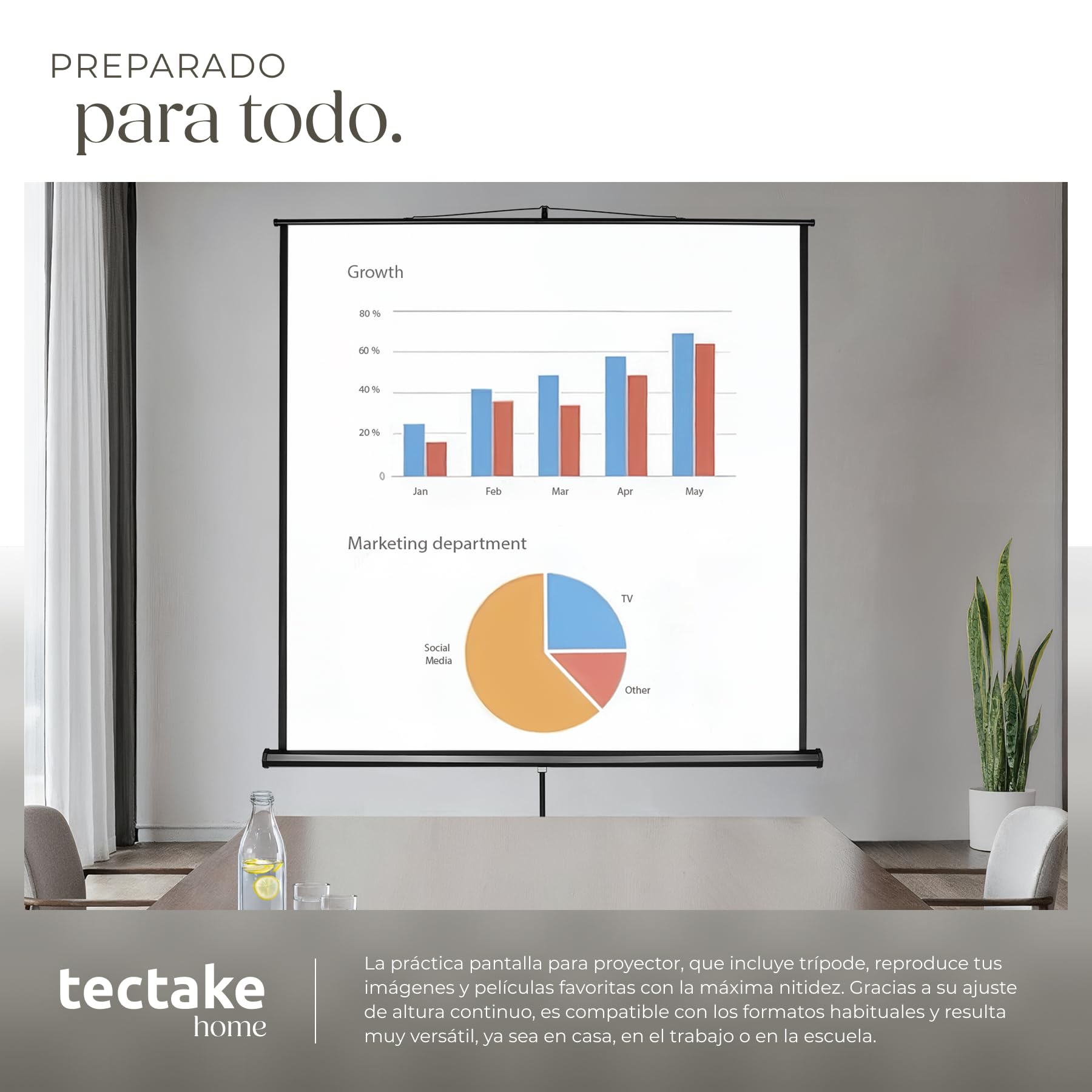 tectake® Pantalla Proyector Enrollable y Retráctil, Montaje en Pared y Techo, Formatos 1:1, 4:3y 16:9, Optimizado para HDTV y 3D, Factor de Ganancia 1,0, Tela Projector - 212 x 90 x 260 cm