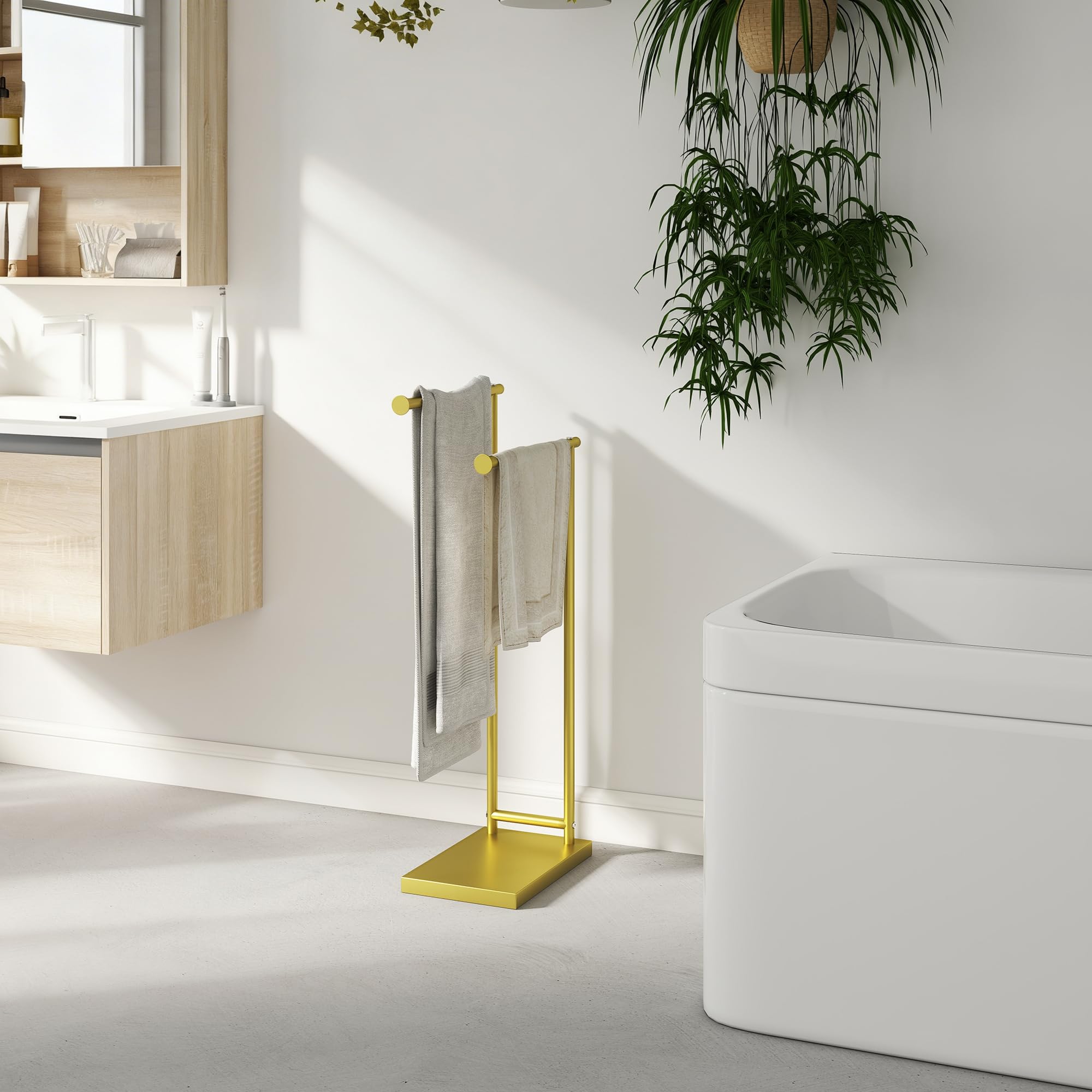 HOMCOM Porte-serviettes sur pied à 2 niveaux avec 2 barres 35,5 x 20 x 78 cm Doré | Porte-serviettes échelle de salle de bain, cadre métallique, style moderne, en forme de L