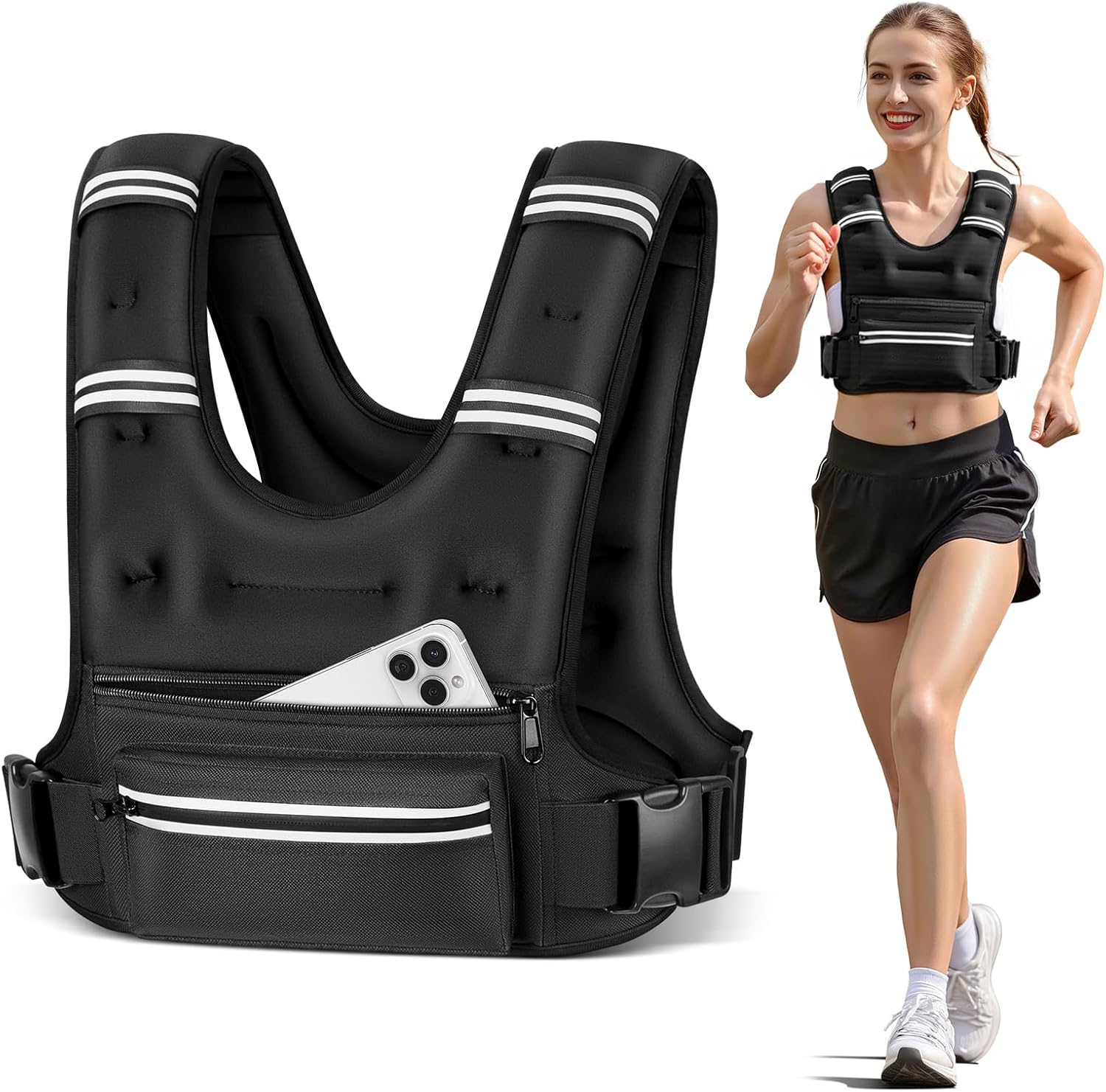 Weighted Vests for Women Men, 8 12 16 20 lb Weighted Vest with Storage Pockets, Rucking Vest with Reflective Stripe, Adjustable Straps Weight Vest for Running, Walking, Workout, Training Black 12 lb