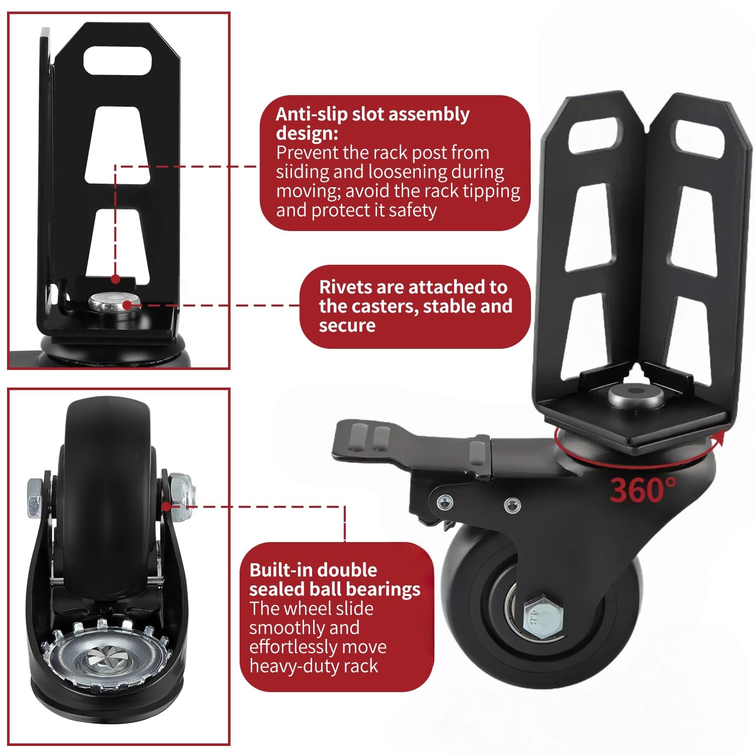 Ruote girevoli da 75 mm con freni, confezione da 4 accessori per mensole, adatte per scaffali autobloccanti senza bulloni, capacità di carico totale 453,6 kg