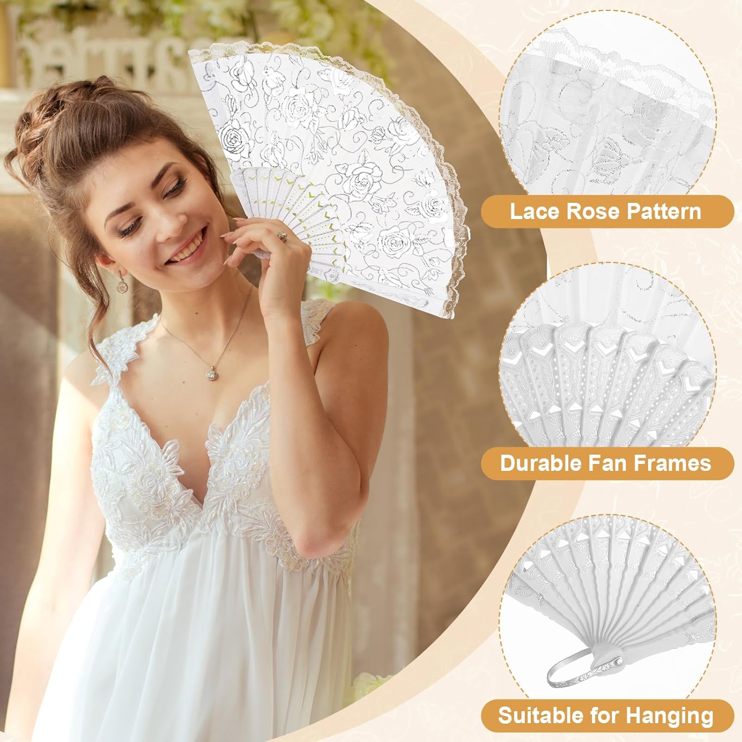 Roowest 12 Pcs Rose Lace Fan Handheld Floral Folding Fans with Organza Bags Chinese Retro Foldable Decor Bridal Dancing Prop Hand Held Cosplay Costume for Party Wedding Birthday Church Tea(Silver)