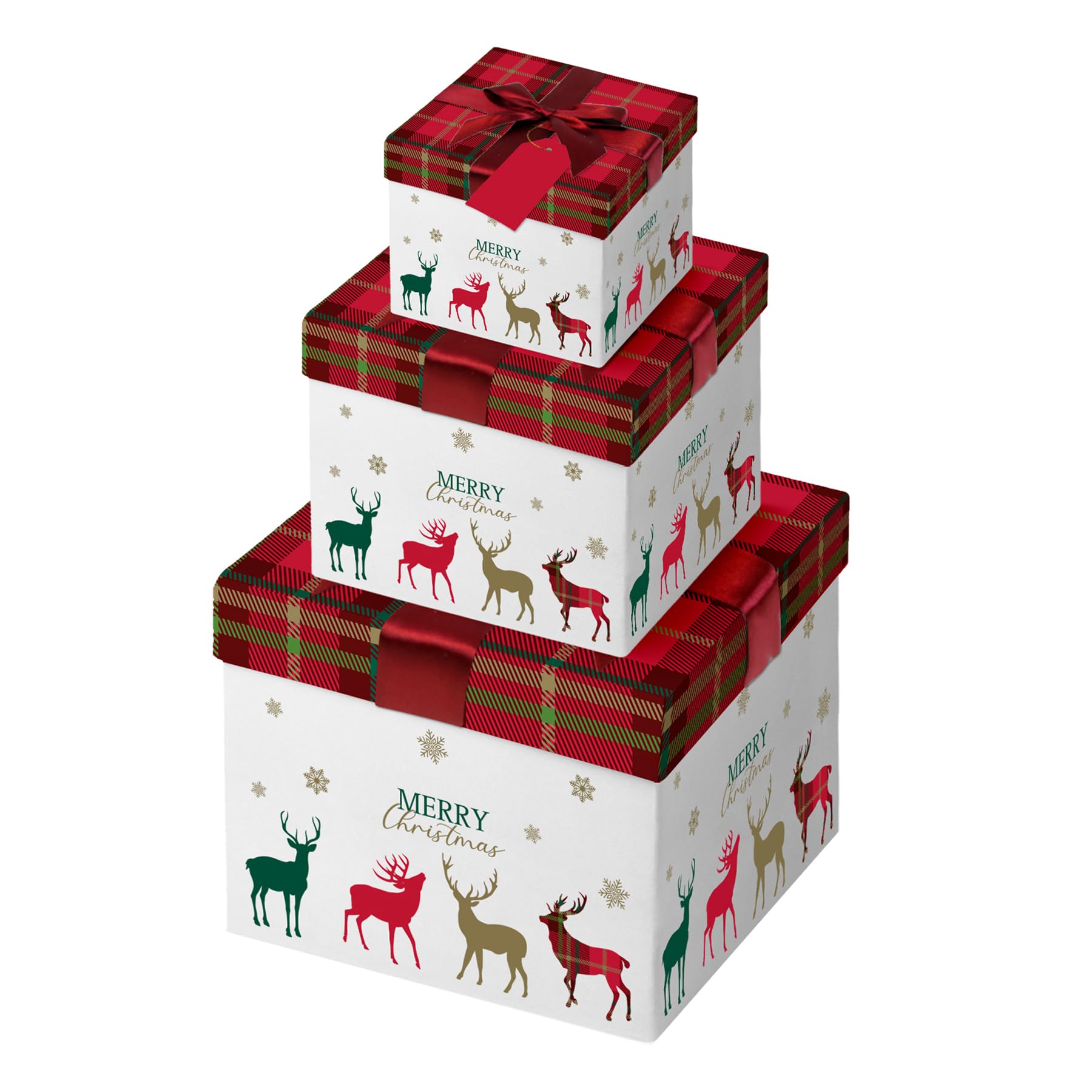 Widdle Gifts Christmas 3 Pack Gift Boxes with Lift off Lids with Ribbon Sizes 12cm - 14cm - 16cm - Tartan Reindeers Design 4766