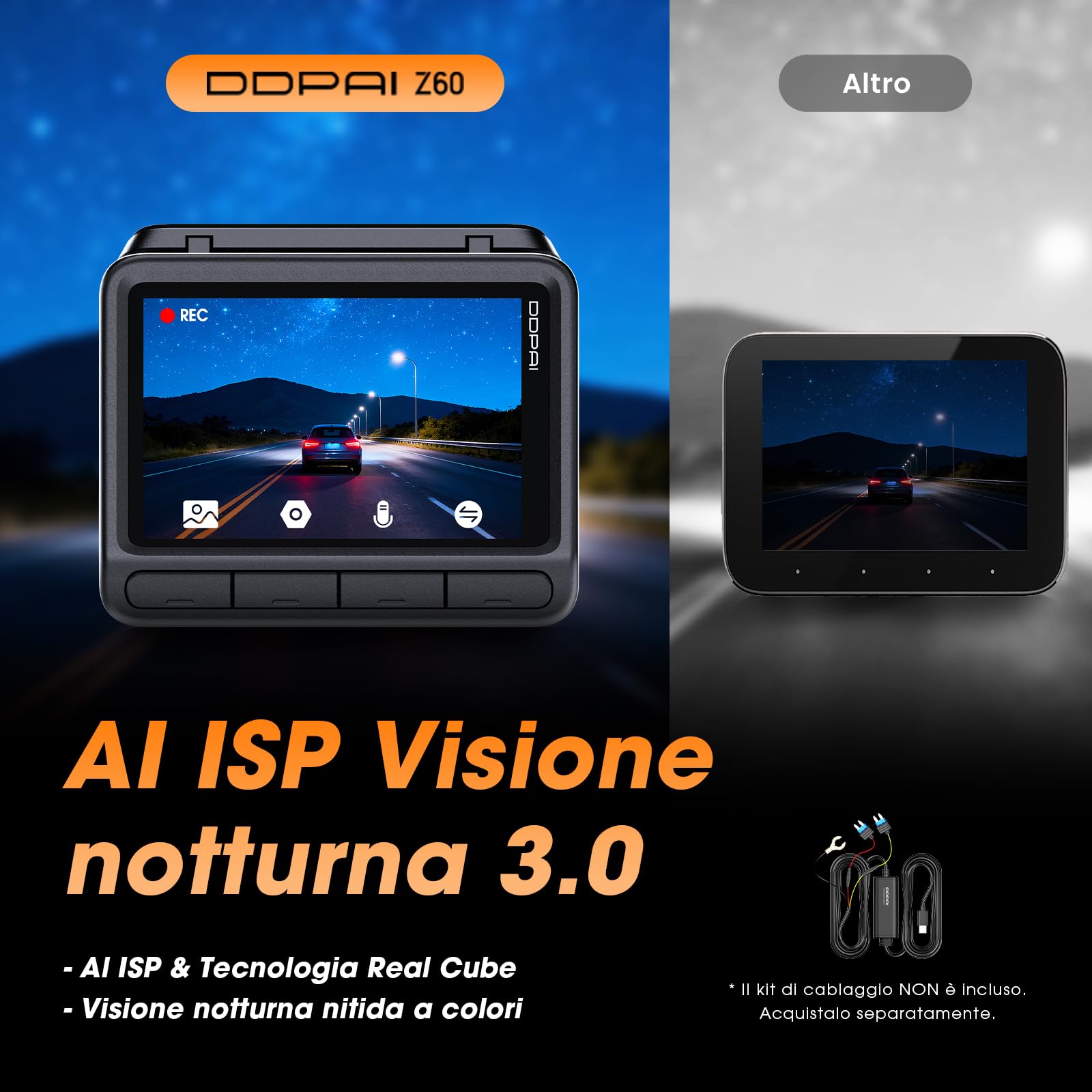 DDPAI Dash Cam Auto, 4K + 1080P Telecamera Auto con 32GB eMMC Integrati, Visione Notturna A Colori, 4G LTE Support, WiFi 6 5GHz, GPS, Modalità Parcheggio 24H, Schermo IPS 3", ADAS, G-Sensor, Z60 | 512G Max, AI ISP Night Vision 2.0, 5GHz WiFi, GPS, 7-Day A