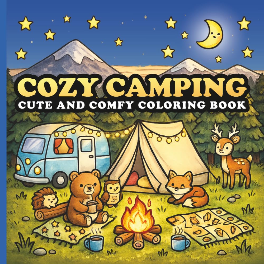 Cozy Camping Cute and Comfy Coloring Book: This Book Adorable Campsites, Cozy Cabins, Campfires, Forest Animal and Relaxing Bold and Easy Coloring Pages for Adults and Teens