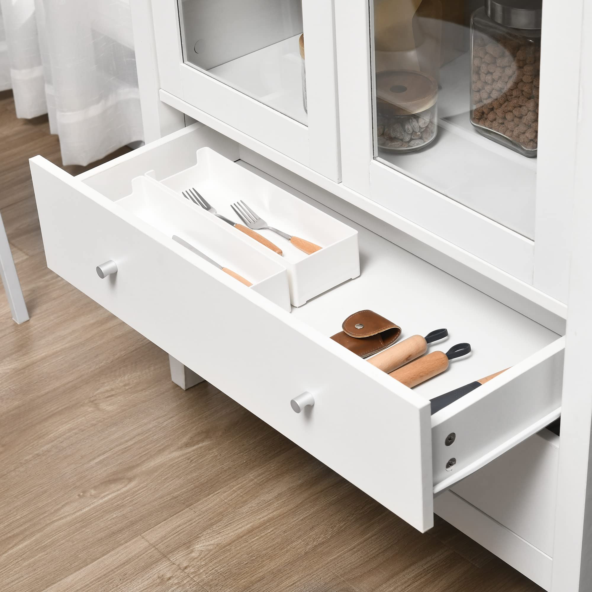 HOMCOM Vitrina de Salón Aparador de Cocina 2 Puertas 80x40x160 cm Blanco | Vidrio Templado, 3 Estantes, 2 Cajones, Bisagras de Cierre Suave, para Comedor Oficina