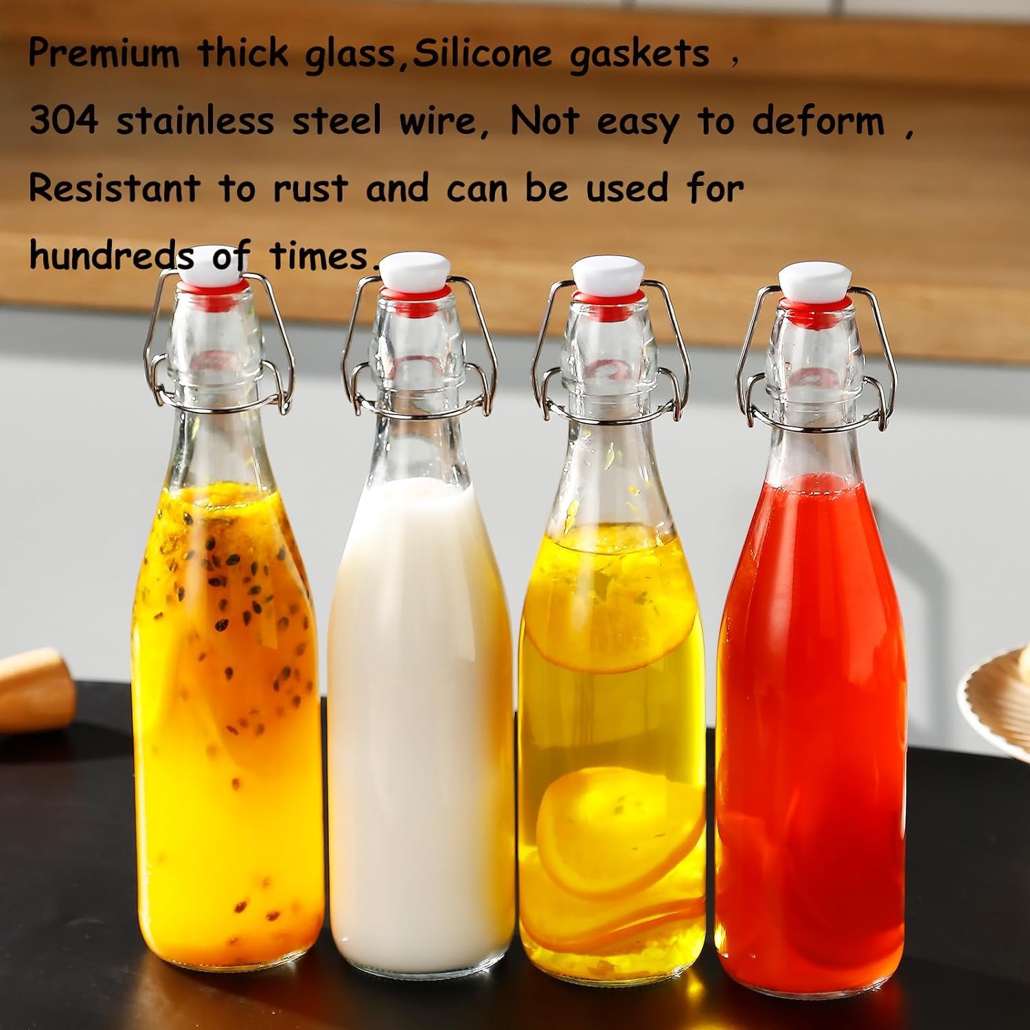 Botellas de Vidrio Transparente con Tapas Herméticas MEETOZ, Juego de 4 Botellas de 32 Onzas para Cerveza, Bebidas, Aceites, Kombucha, Kéfir, Preparación Casera
