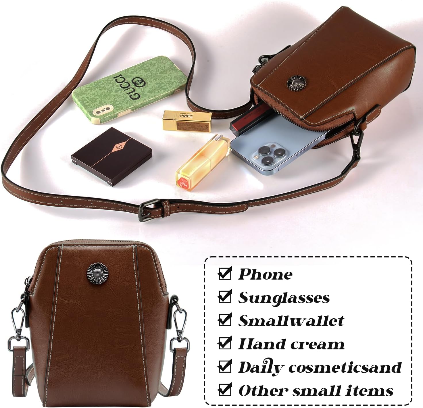 Designer Leather Small Crossbody Bags Purses for Women Cell Phone Bag Soft Women's Shoulder Handbags Gifts for Women (Coffee)