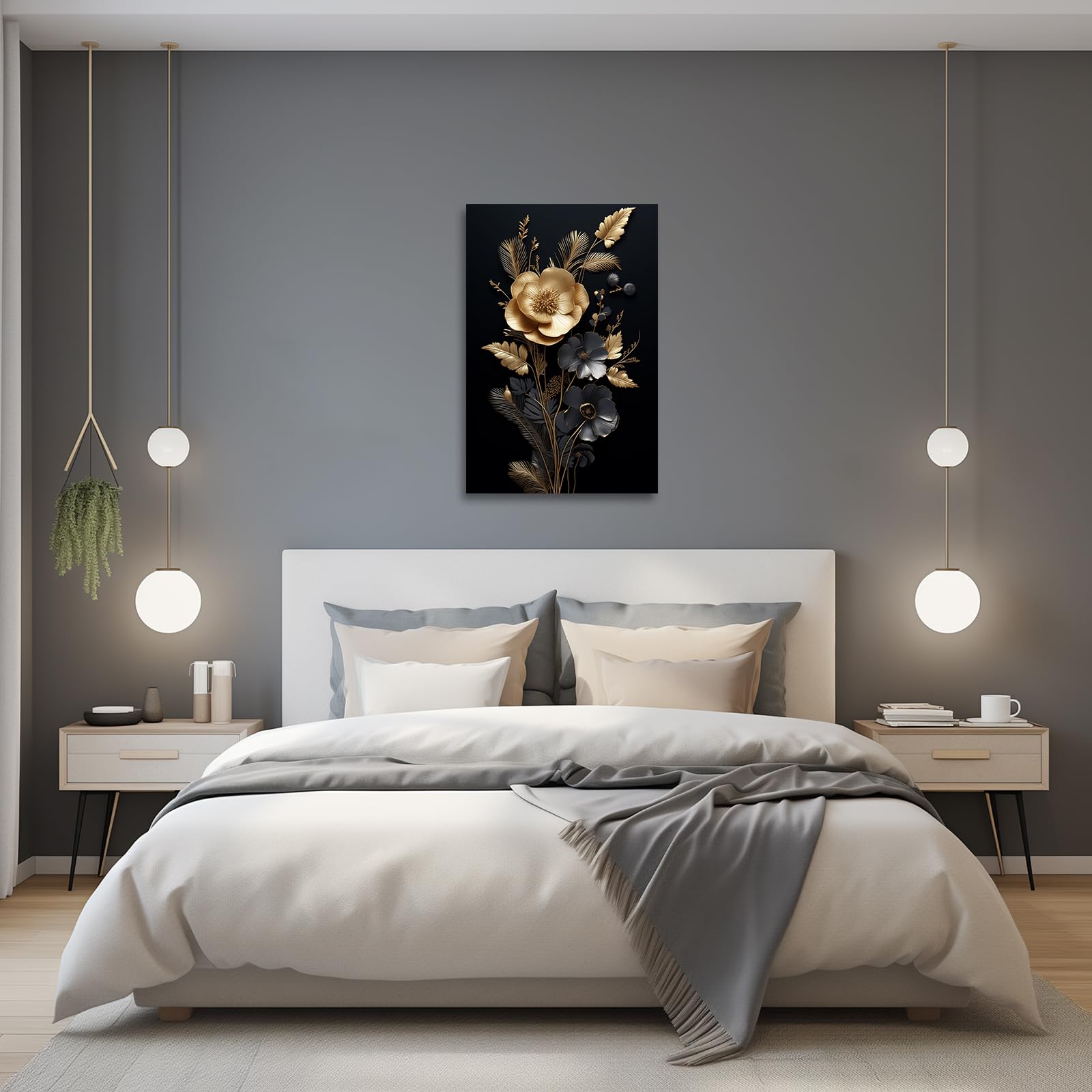 ZXHYWYM Golden Flowers Leave Wall Decor Abstract Black Gold Picture Painting Elegant Floral Canvas Prints Modern Artwork for Living Room Framed (Picture-3 - Image 3