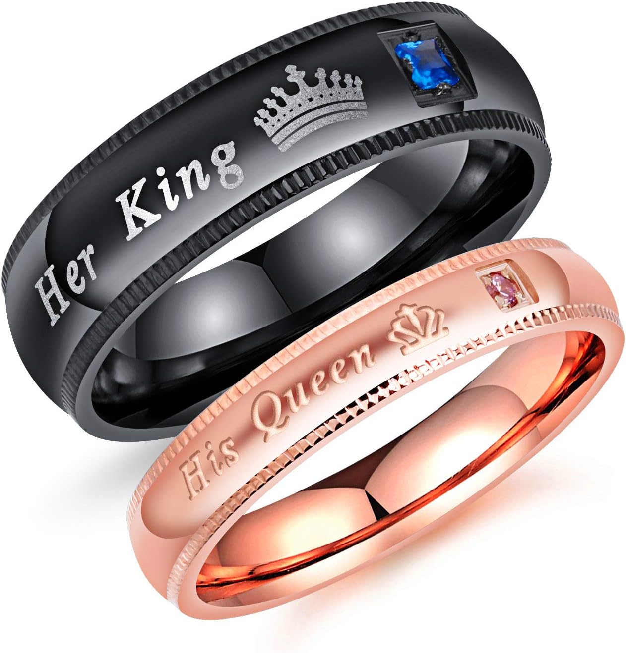 2pcs Matching Set Couple Rings Stainless Steel Promise Rings with His Queen and Her King Wedding Engagement Band, Metal, Cubic Zirconia