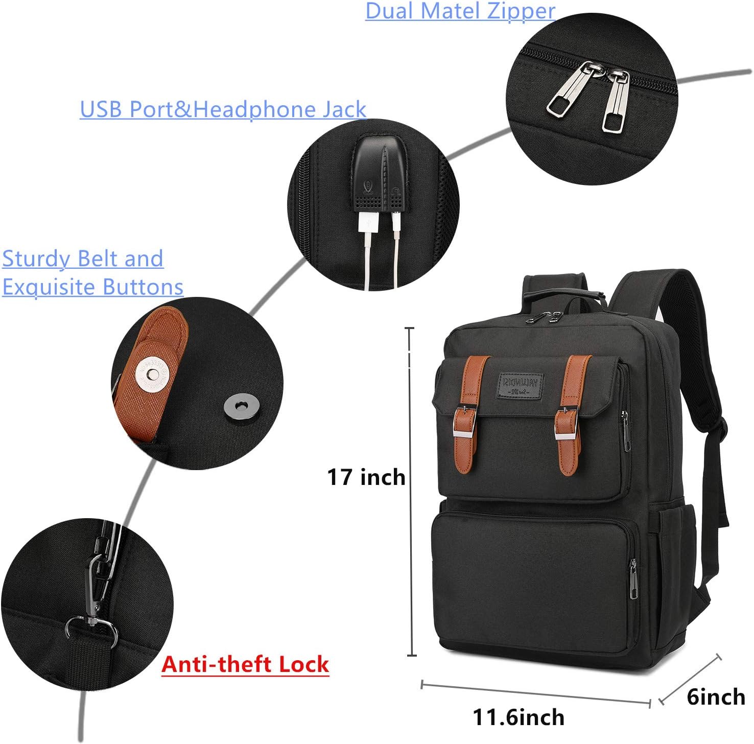 YALUNDISI Laptop Backpack for Women Men Vintage Backpack Bookbags Anti Theft Bookbag 15.6inch - Image 5