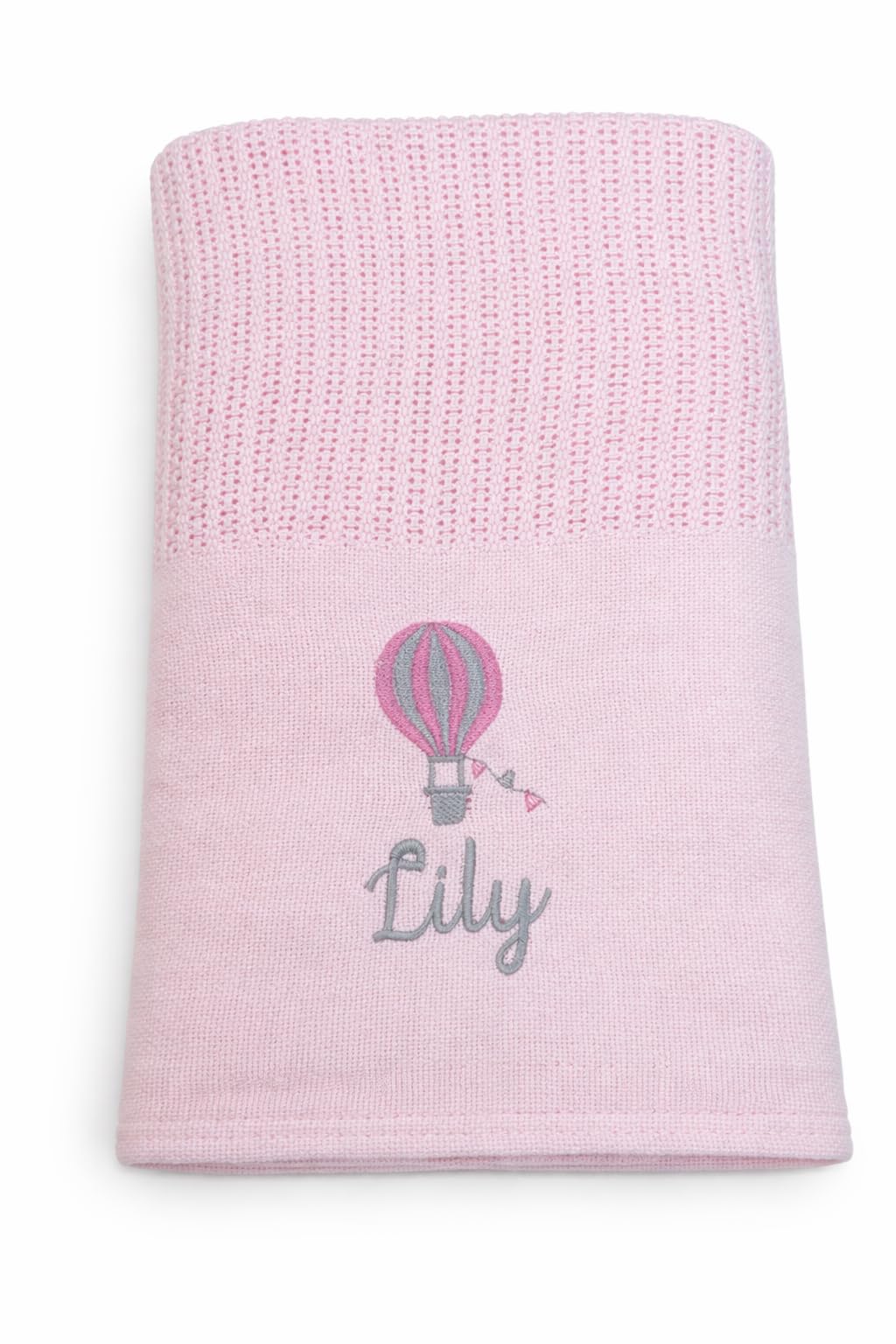 Lobeko Personalised Cellular Baby Blanket with Embroidered Name – 100% Cotton Soft Breathable Newborn Blanket, Pram Crib Moses Basket Blanket, Hot Air Balloon Design, 70x110cm (4 Colours) (Baby Pink)