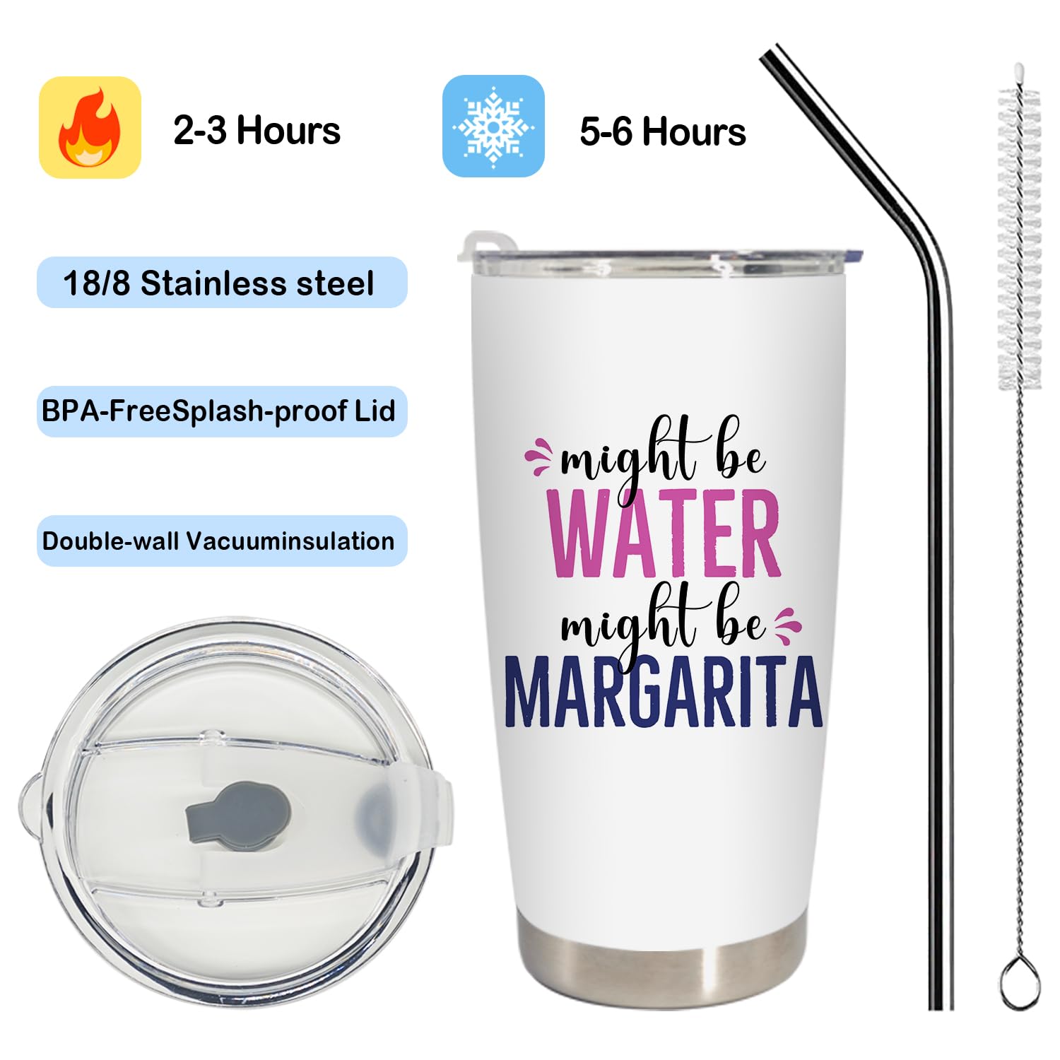 Margarita Gifts for Women Tumbler, Gifts for Cocktail Lovers Stainless Steel Tumbler with Lid and Straw 20oz, Might Be Water Might Be Margarita Travel Coffee Cup
