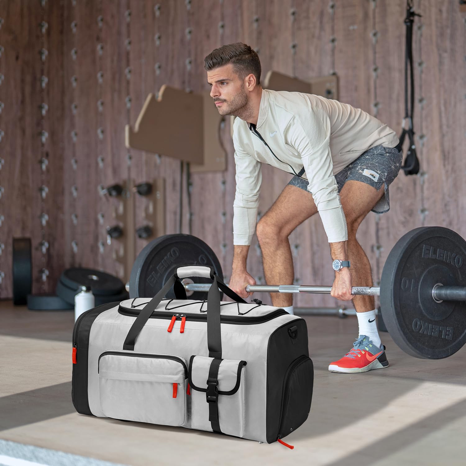 70L Sporttasche Groß Sportrucksack Herren mit Schuhfach Wochenend Sport Reisetasche mit Rucksackfunktion Wasserdicht Fitness Trainingstasche für Damen Gym, Reisen, Camping, Grau