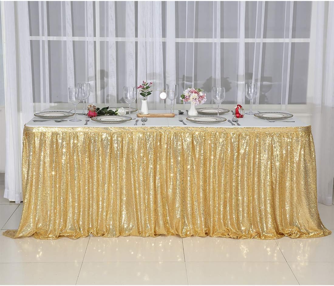 Crеаtіvе Prоduсt Juya Delight Sequin Table Skirt Rectangle Round Table Cover for Party Wedding Baby Shower Decoration（Bright Gold，L 9(ft) H 30in ）