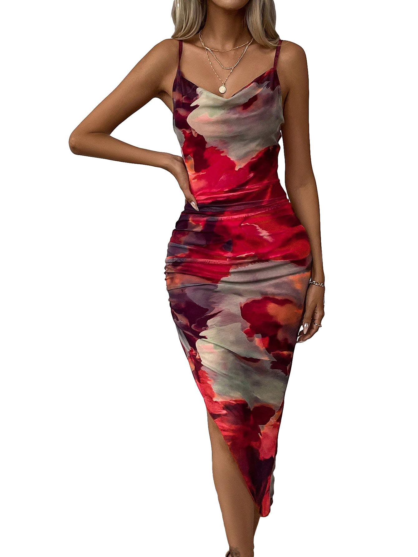 SOLY HUX Women's Tie Dye Cowl Neck Split Hem Bodycon Cami Dress Backless Long Dresses