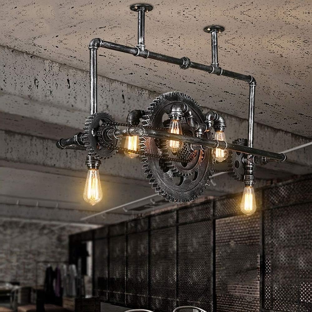 Pipas de agua Araña de araña de hierro forjado, lámparas colgantes de equipo de madera industrial creativa vintage Bar de restaurante Drop Flight de 6 luces American Retro Metal Luces colgantes