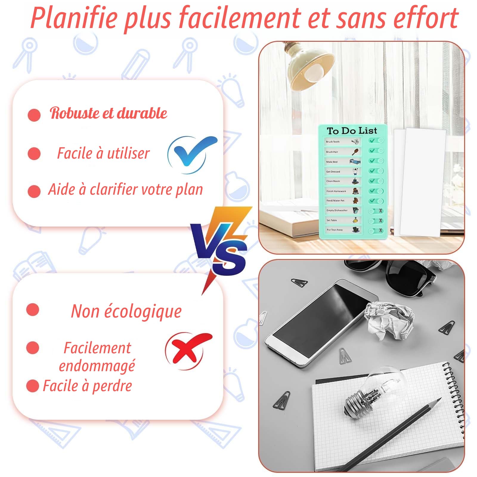 Litimkat Lot de 4 Tableau Memo Checklist avec 10 Papiers Effaçables à Sec