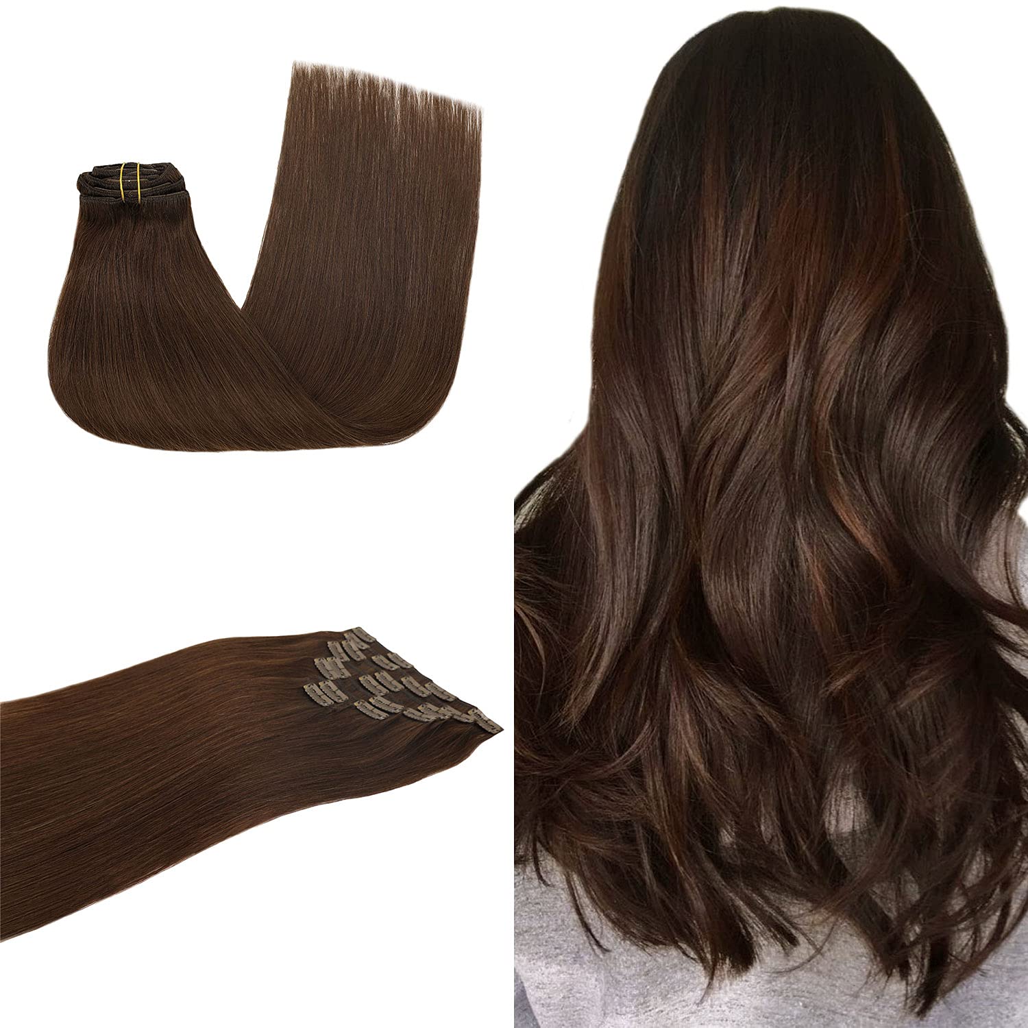 22 Inch 8pcs Clip in Hair Extensions Human Hair #2 Dark 