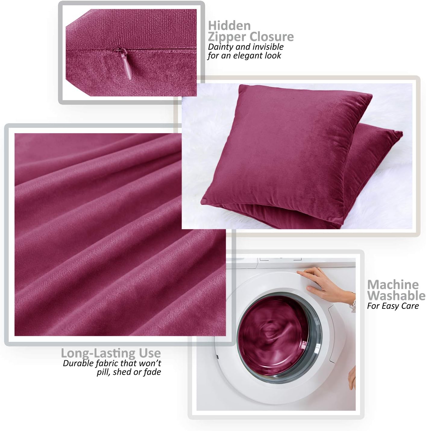 Nestl Throw Pillow Covers, Cozy Velvet Decorative Outdoor Pillow Covers 20X20 Inches, Soft Solid Cushion Covers for Sofa, Bed and Car, Set of 4 - Magenta