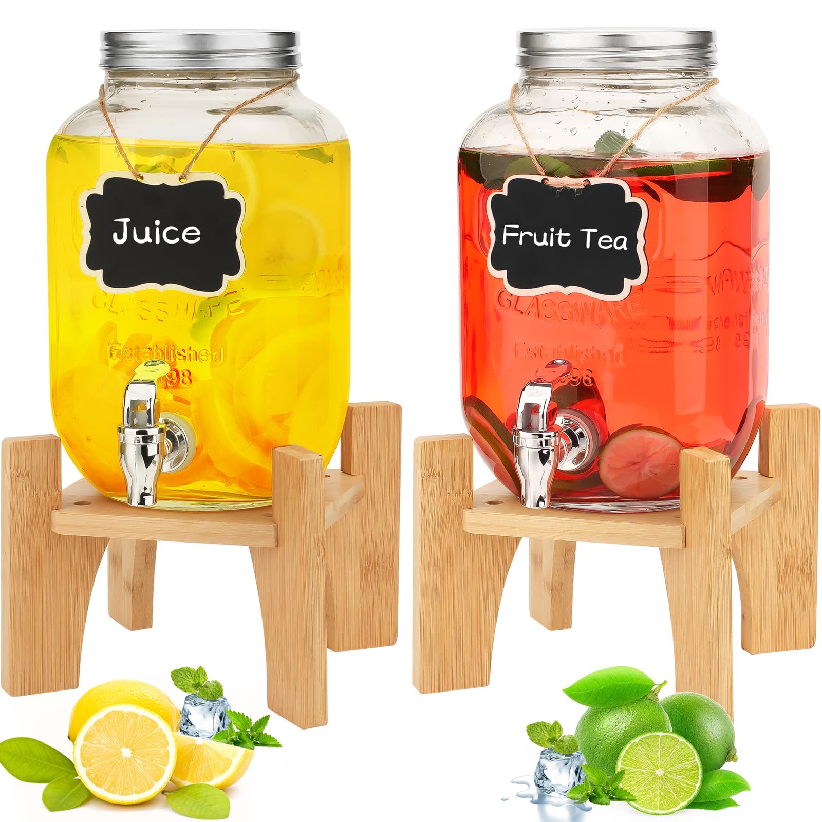 2 x 4L Glass Drink Dispenser with Stand,Beverage Dispenser, Glass Water Juice Dispensers with Tap, Water jug with tap Perfect for Parties/Weddings/Birthdays