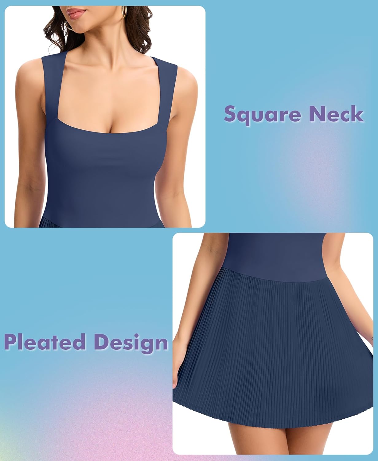 JoyGirl Womens Square Neck Tennis Dress Pleated Sleeveless Golf Dress with Built in Shorts Athletic Dresses with Pockets - Image 3